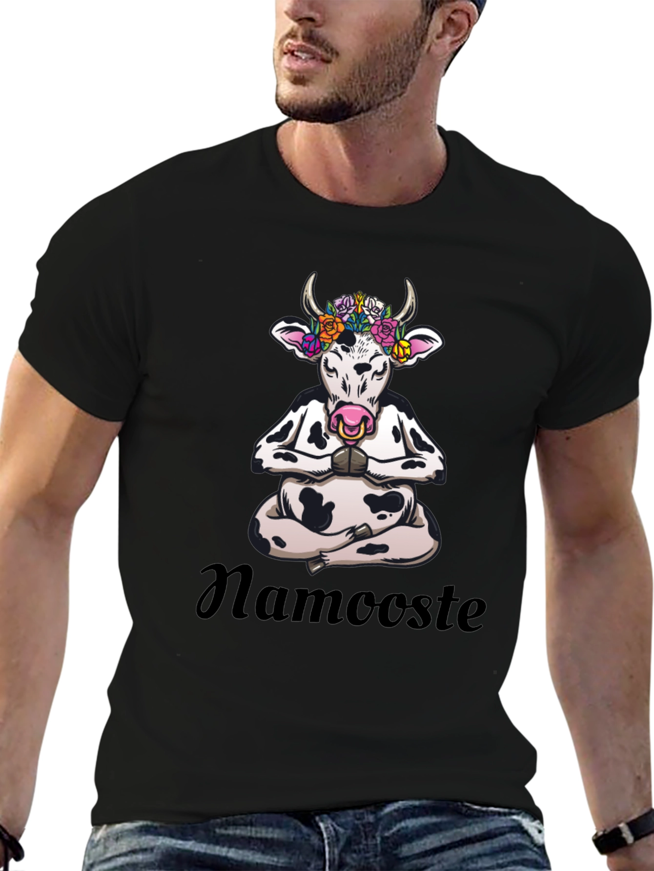 Black Namaste Cow T-Shirt: Meditating Cow with Flowers view 6