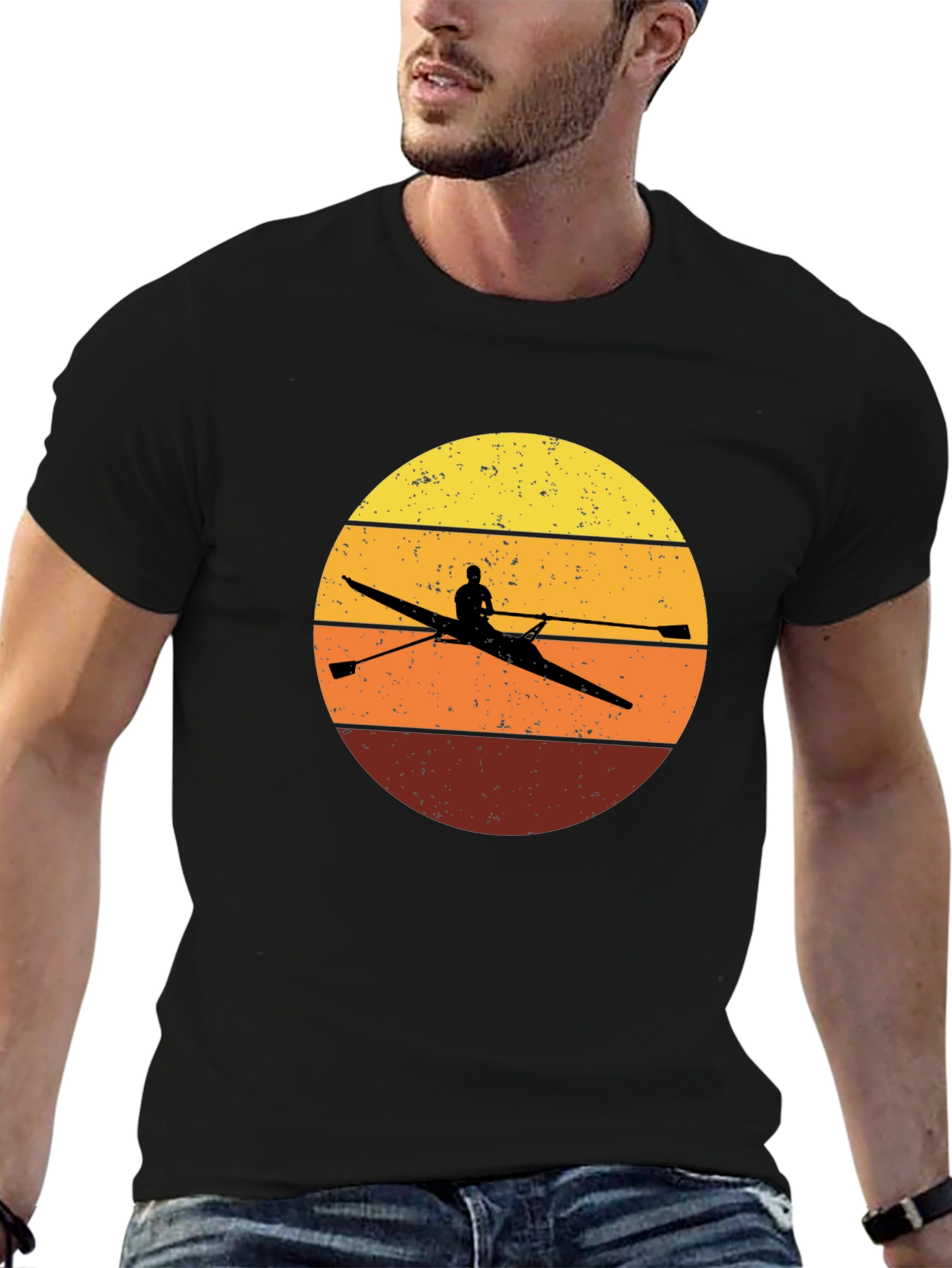 Black Rowing Sunset T-Shirt - Vintage Design view 6
