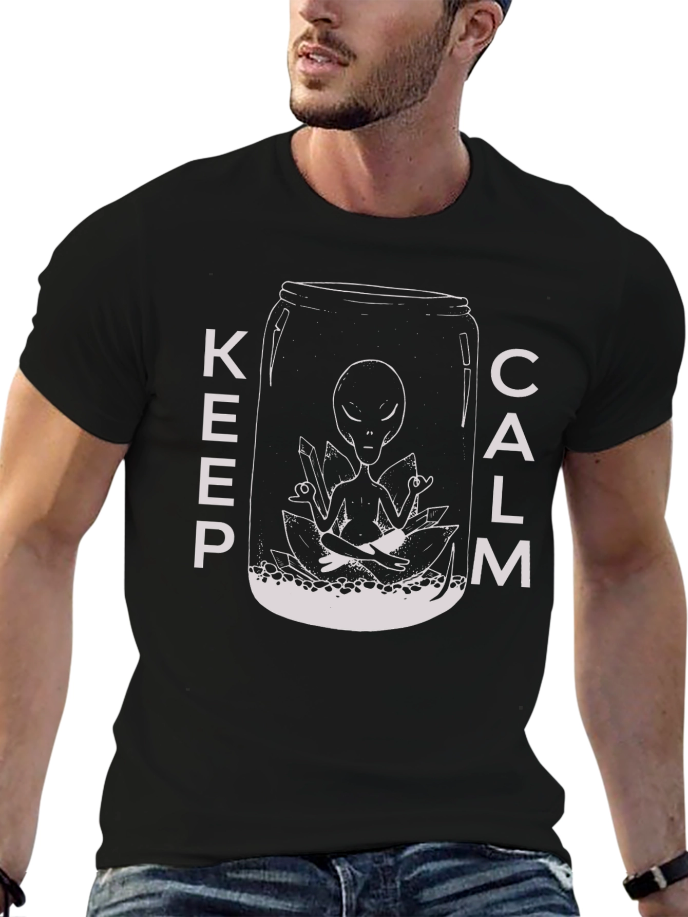 Black Keep Calm Alien T-Shirt - Meditating Extraterrestrial Graphic Tee view 6