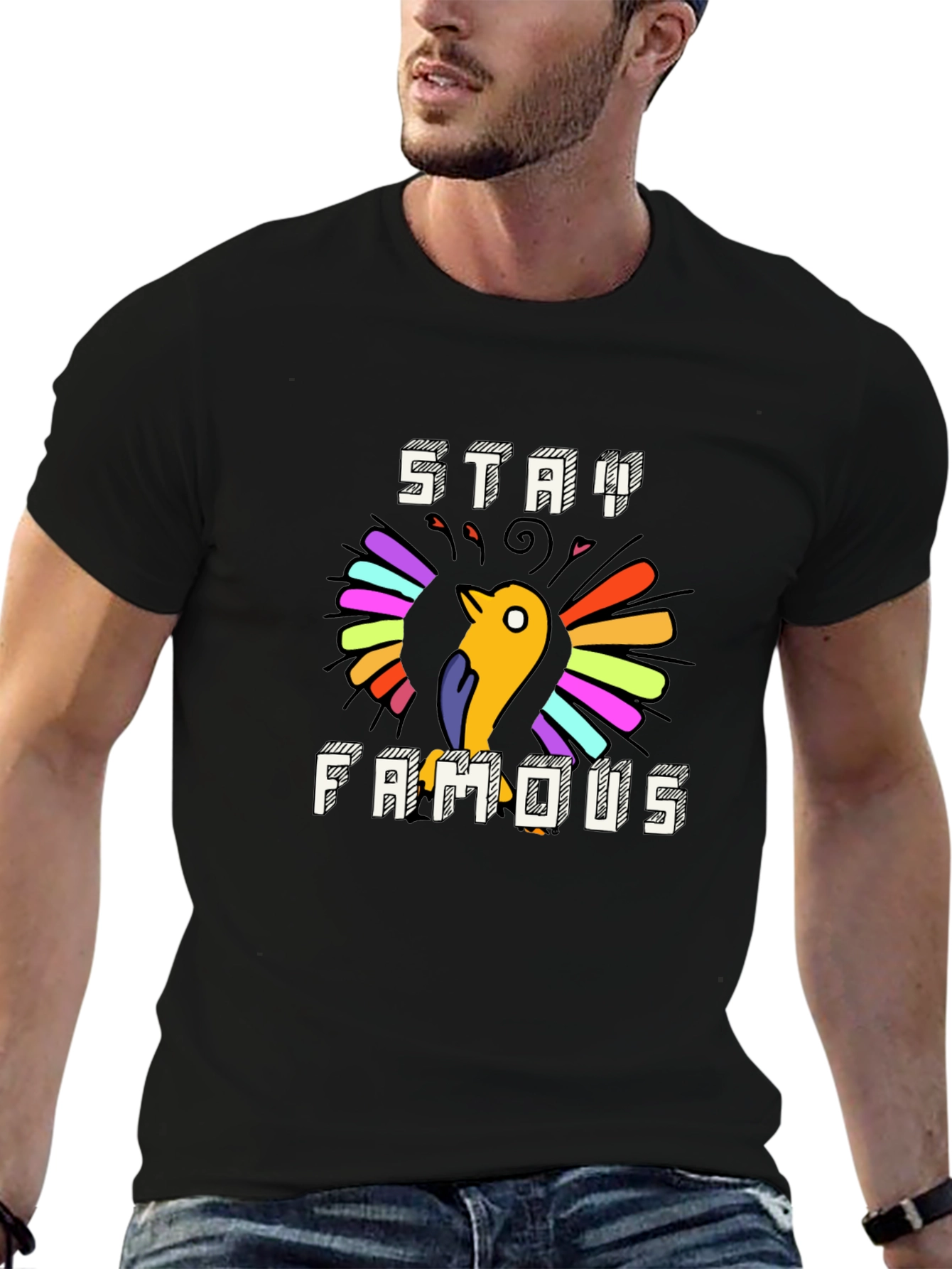 Black Stay Famous Graphic Tee - Cool Bird Design view 6