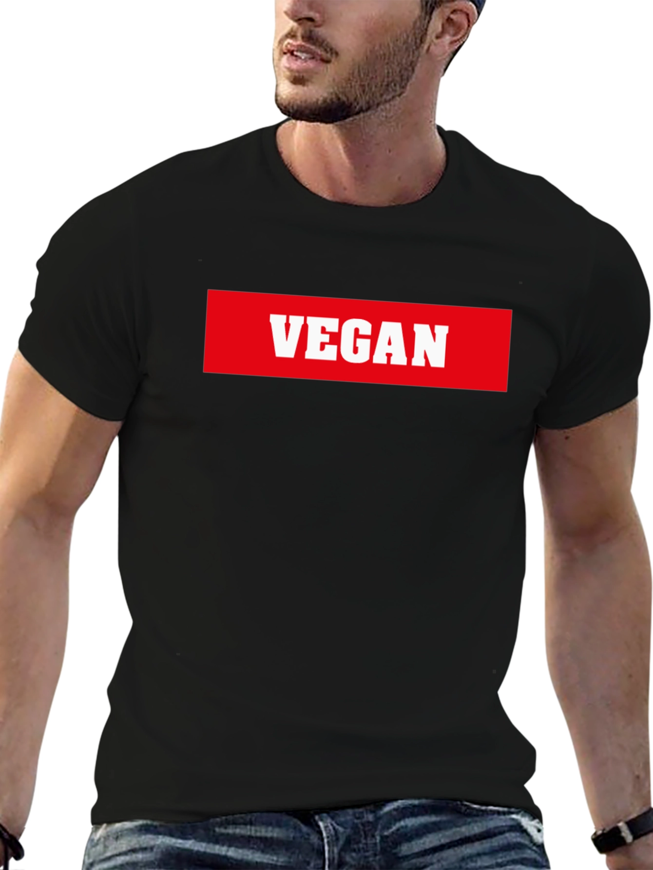 Black Vegan Statement T-Shirt - Bold Red & White Print view 6