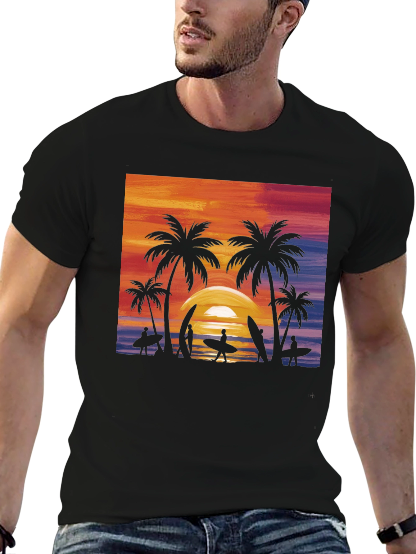 Black Sunset Palm Tree Surfer Graphic Tee - Black view 6