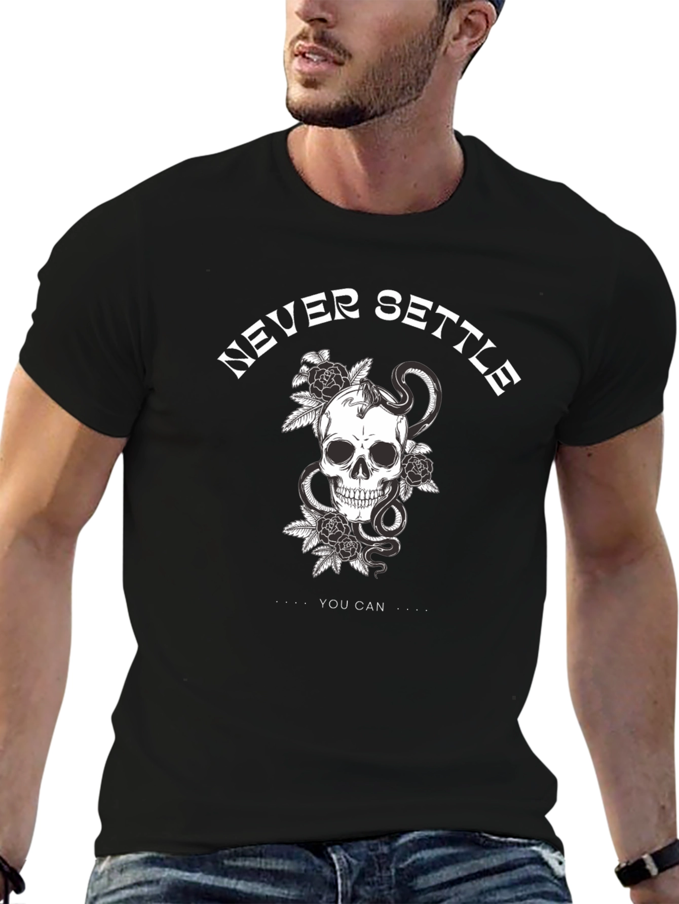 Black Never Settle Skull Graphic Tee view 6