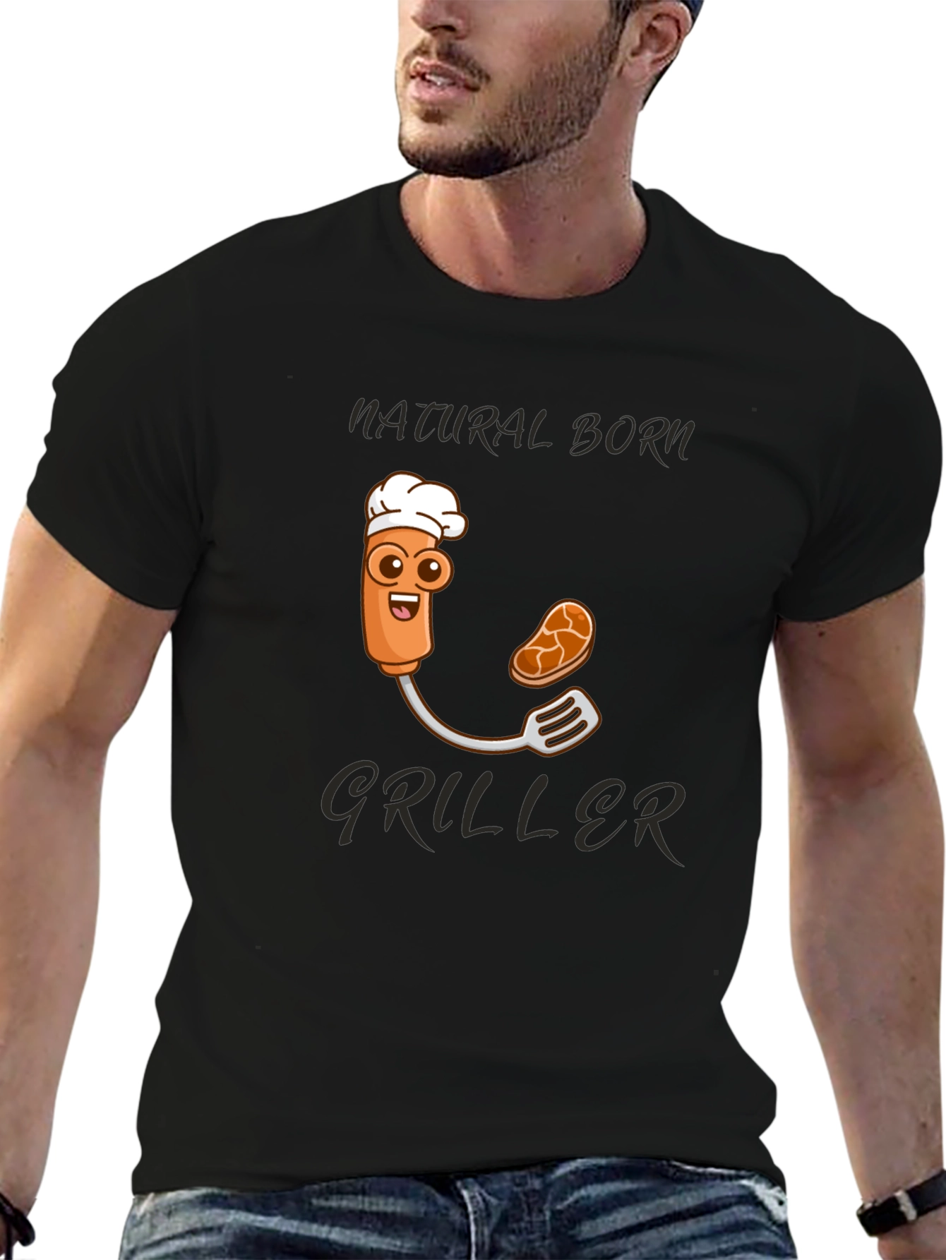 Black Natural Born Griller T-Shirt - BBQ Cartoon Chef view 6