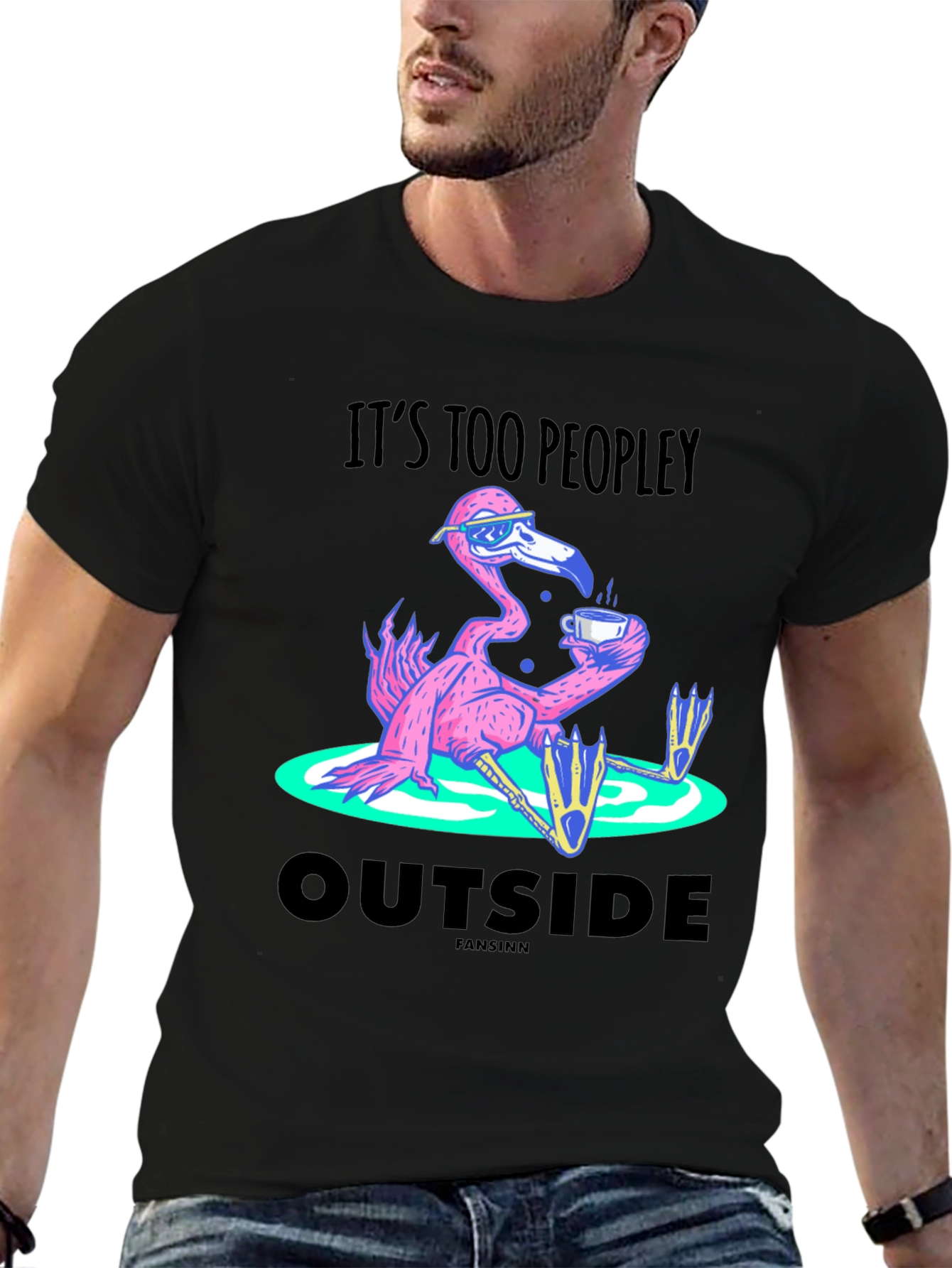 Black It's Too Peopley Outside Flamingo T-Shirt view 6