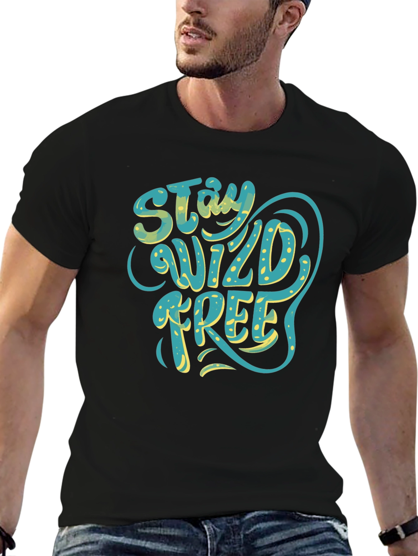 Black Stay Wild Free Graphic Tee - Black Cotton T-Shirt view 6