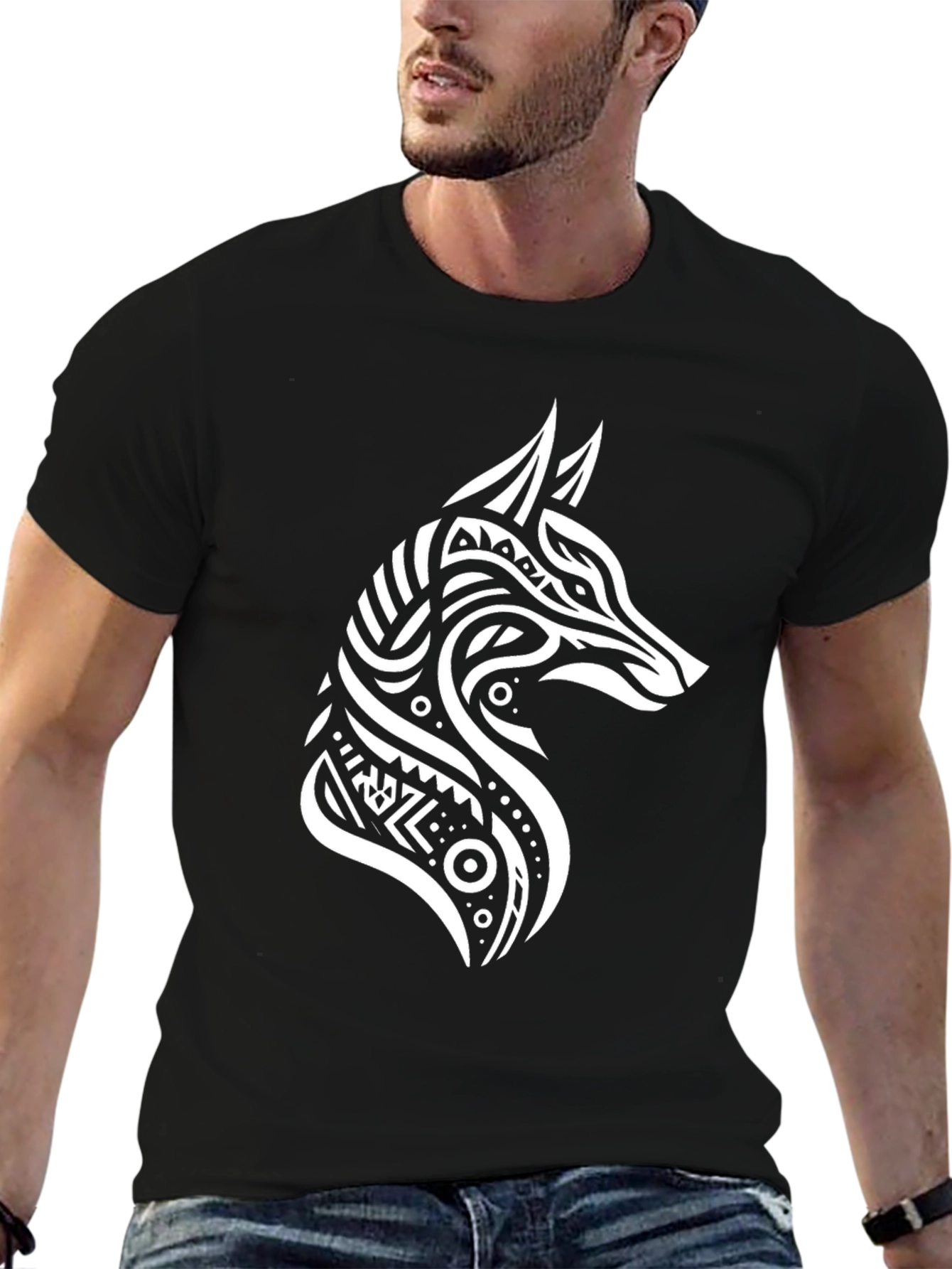 Black Tribal Wolf Graphic Tee - Stylish Men's Black T-Shirt view 6