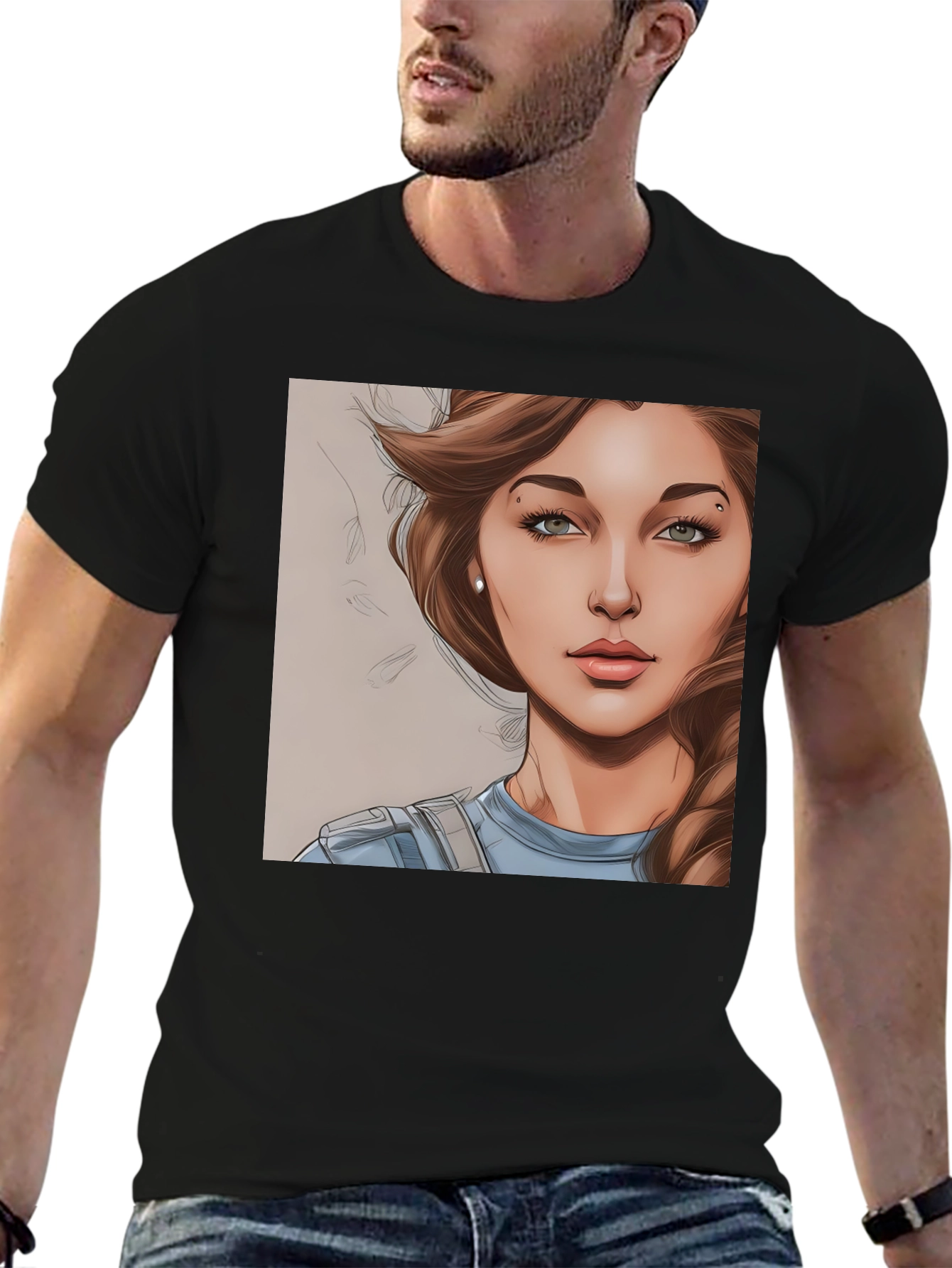 Black Woman Cartoon Portrait Black T-Shirt view 6