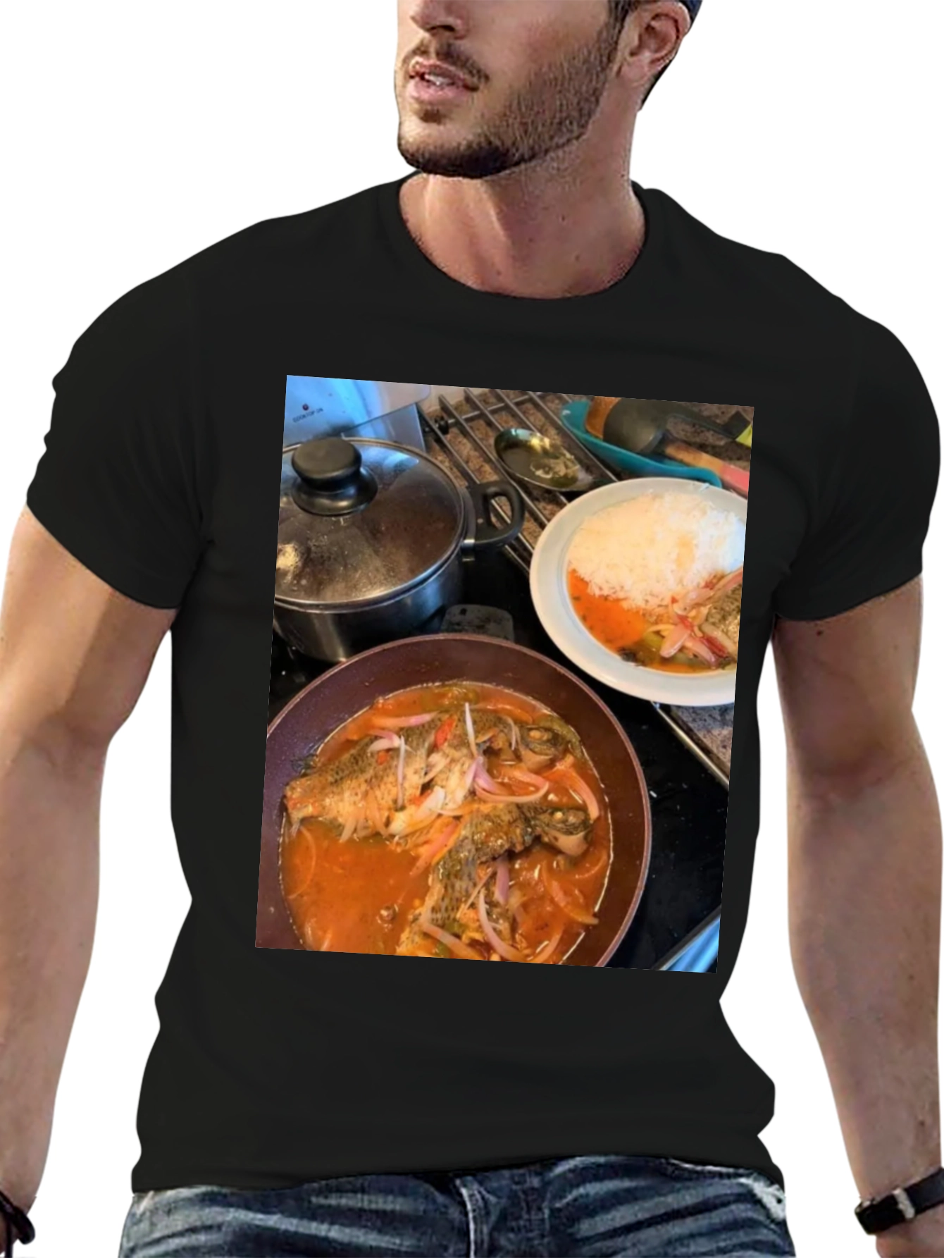 Black Foodie T-Shirt: Delicious Fish Dish Design view 6