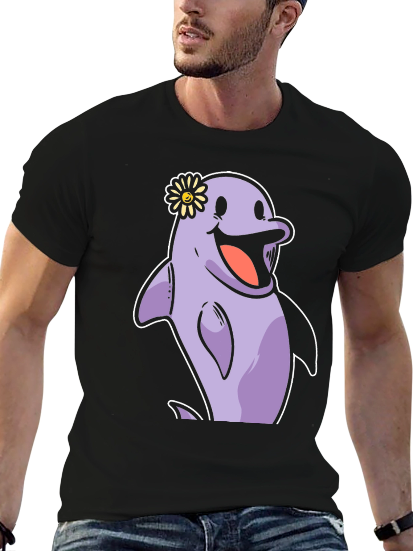 Black Cheerful Dolphin T-Shirt - Fun Graphic Tee view 6