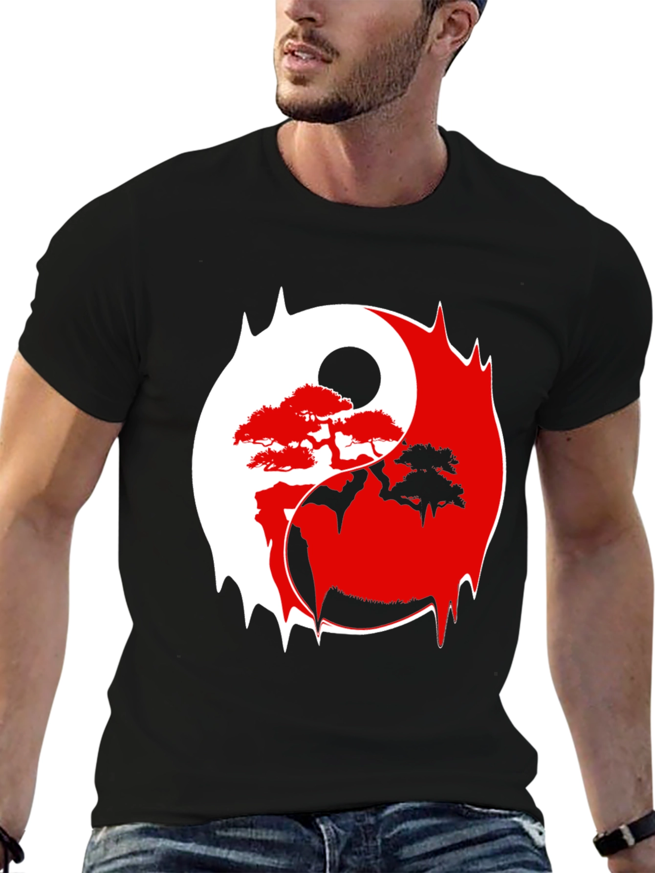 Black Yin Yang Bonsai Tree Graphic Tee - Stylish & Unique view 6