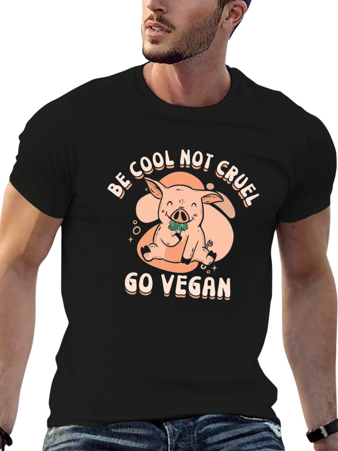 Black Vegan Pig Graphic Tee - Be Cool Not Cruel T-Shirt view 6
