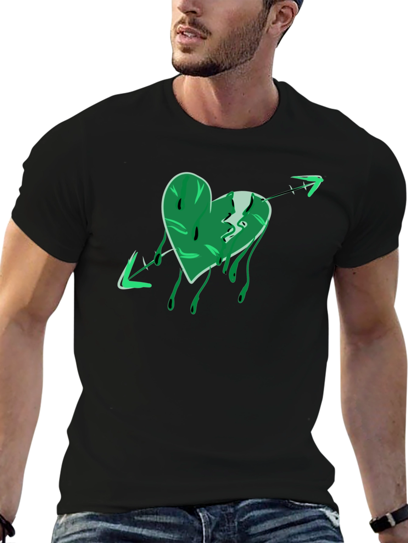 Black Green Heart Arrow Graphic Black T-Shirt view 6
