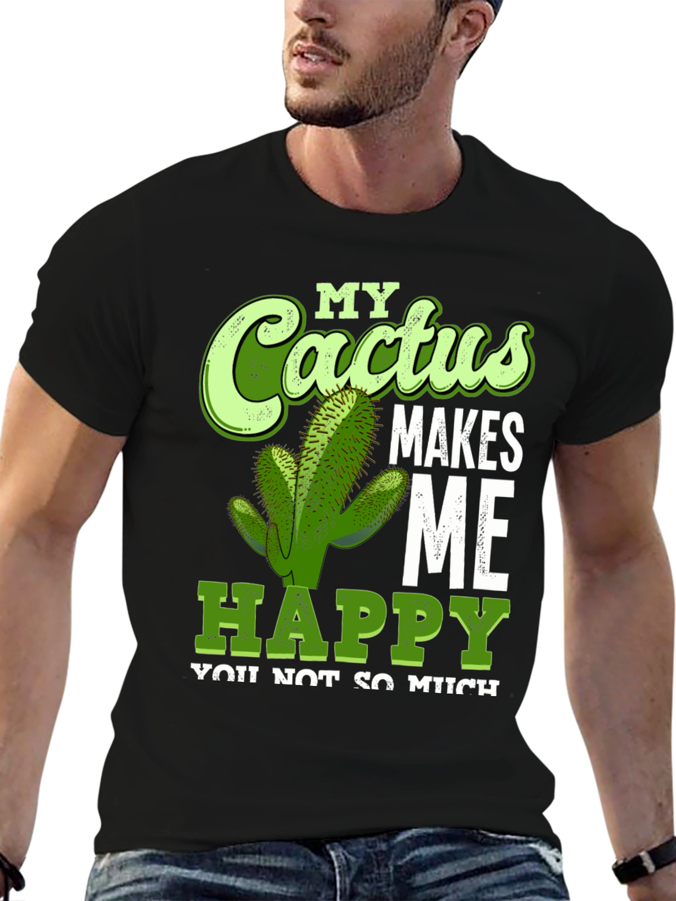 Black Cactus Makes Me Happy T-Shirt Funny Graphic Tee view 6