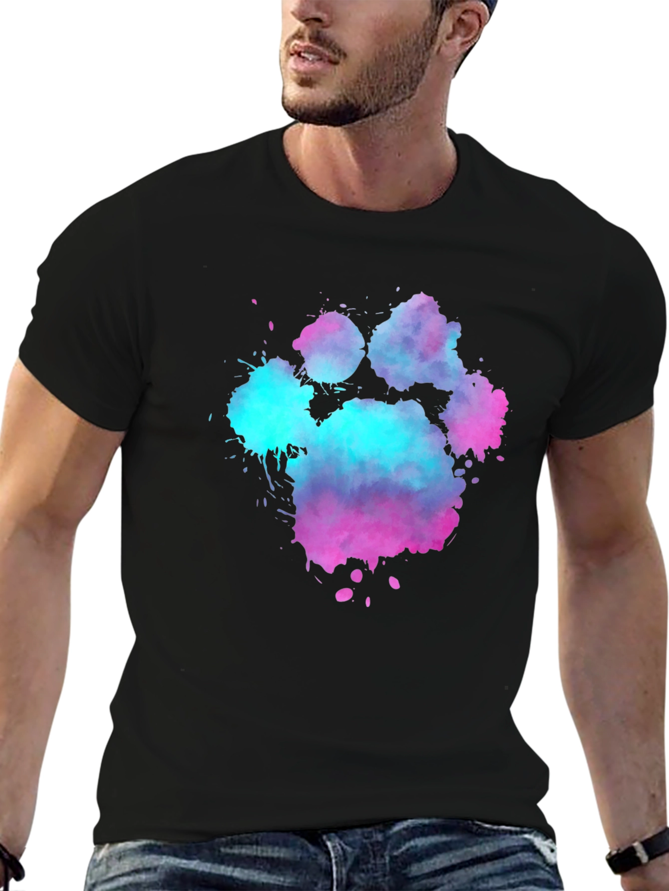 Black Watercolor Paw Print Graphic Tee - Black Cotton Blend view 6