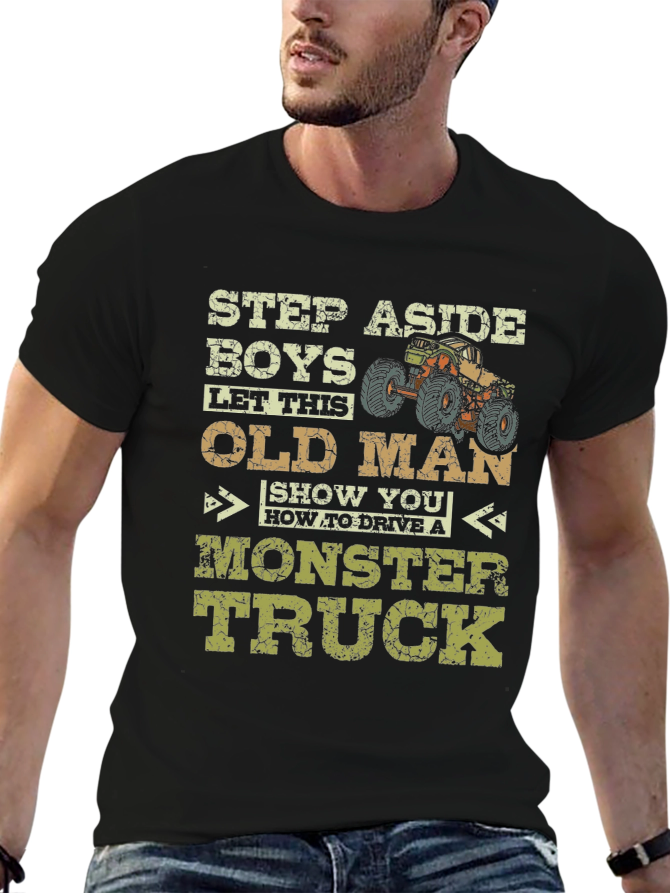 Black Funny Old Man Monster Truck T-Shirt view 6