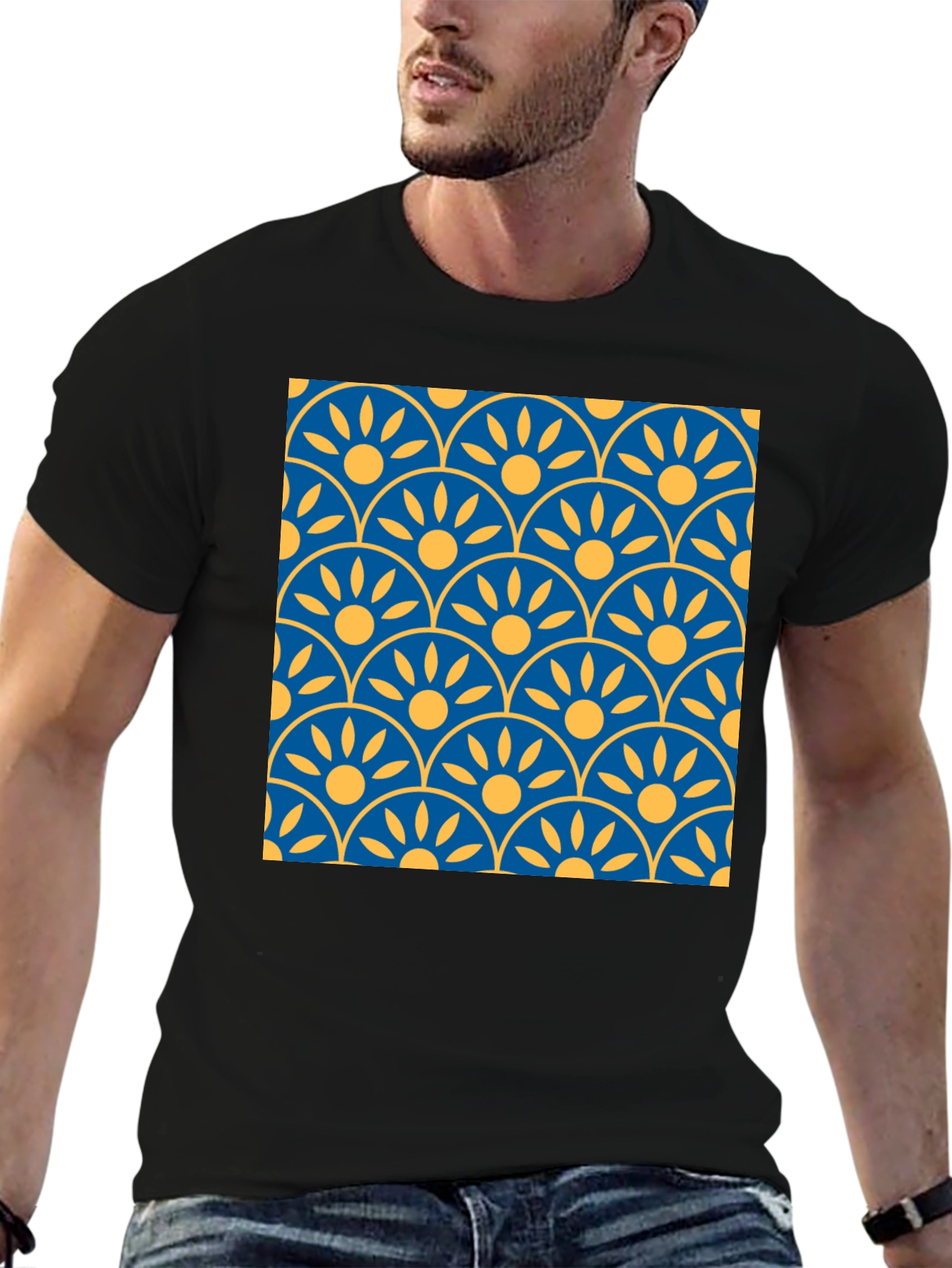 Black Patterned T-Shirt: Blue & Yellow Graphic Tee view 6
