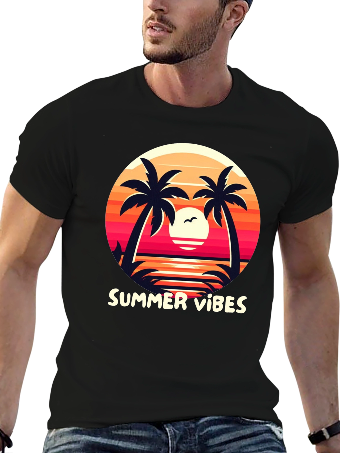 Black Summer Vibes Graphic Tee - Palm Tree Sunset Design view 6