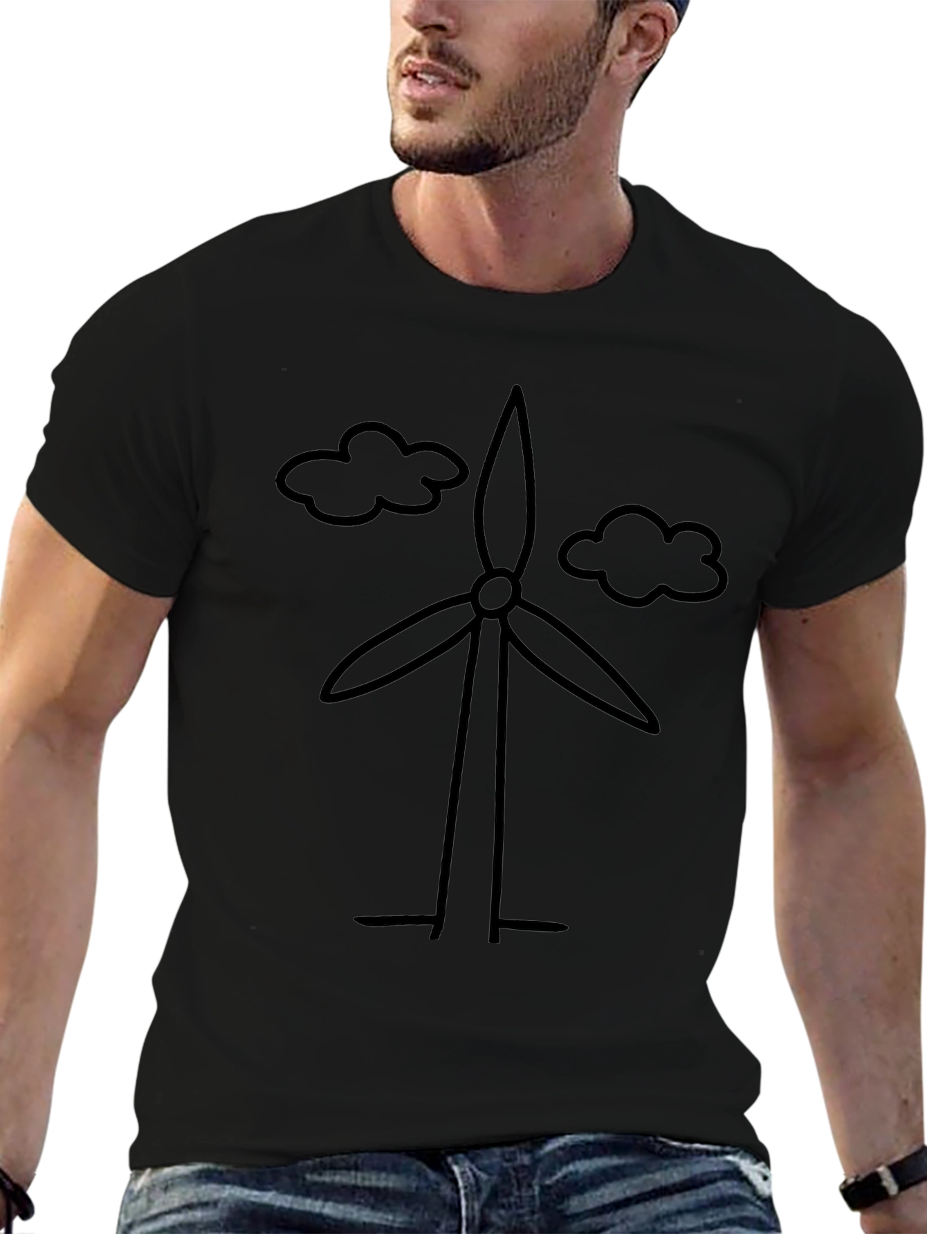 Black Eco-Friendly Wind Turbine Graphic T-Shirt - Black view 6