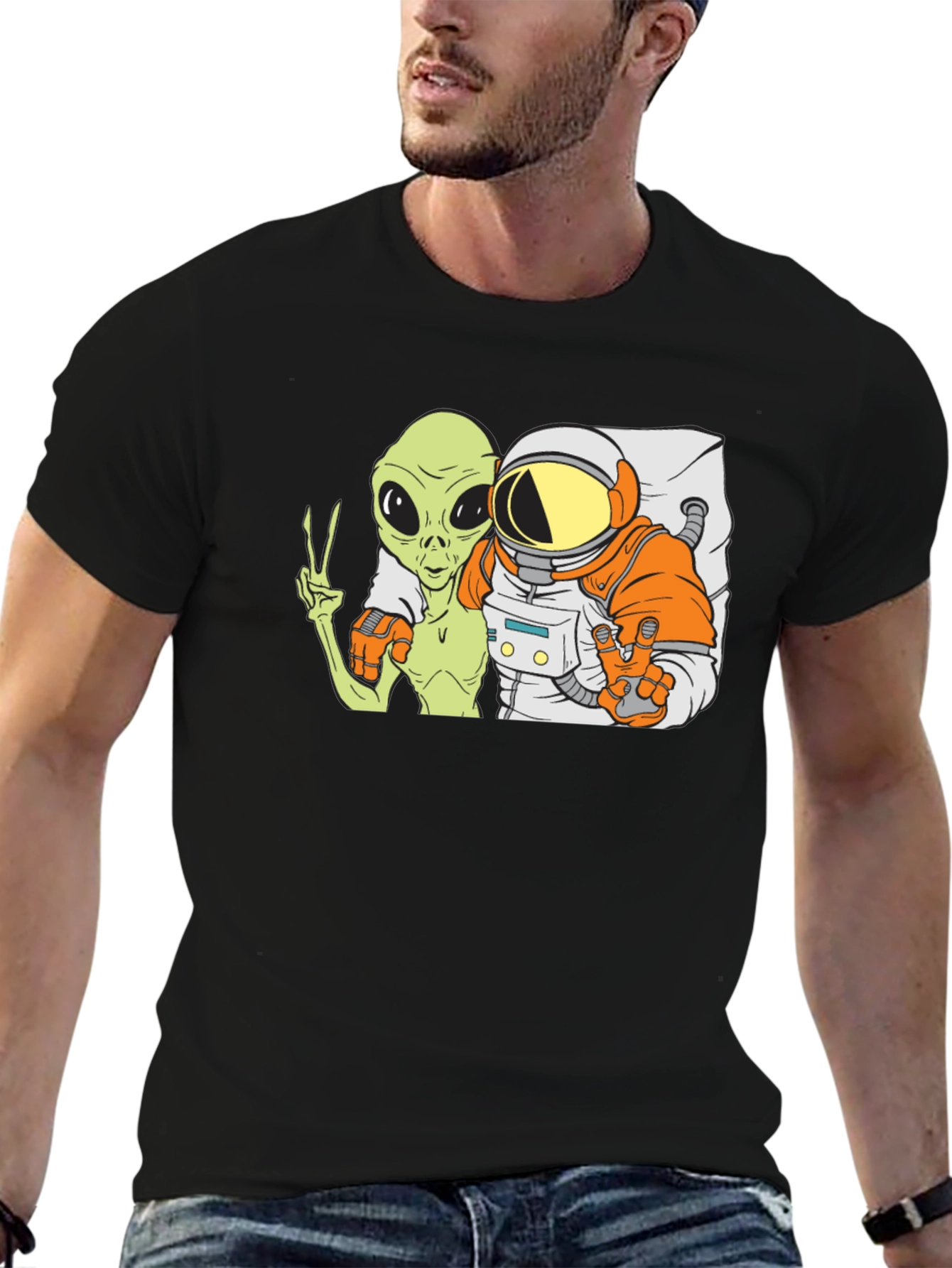 Black Alien & Astronaut BFFs Graphic Tee - Black Cotton Blend view 6