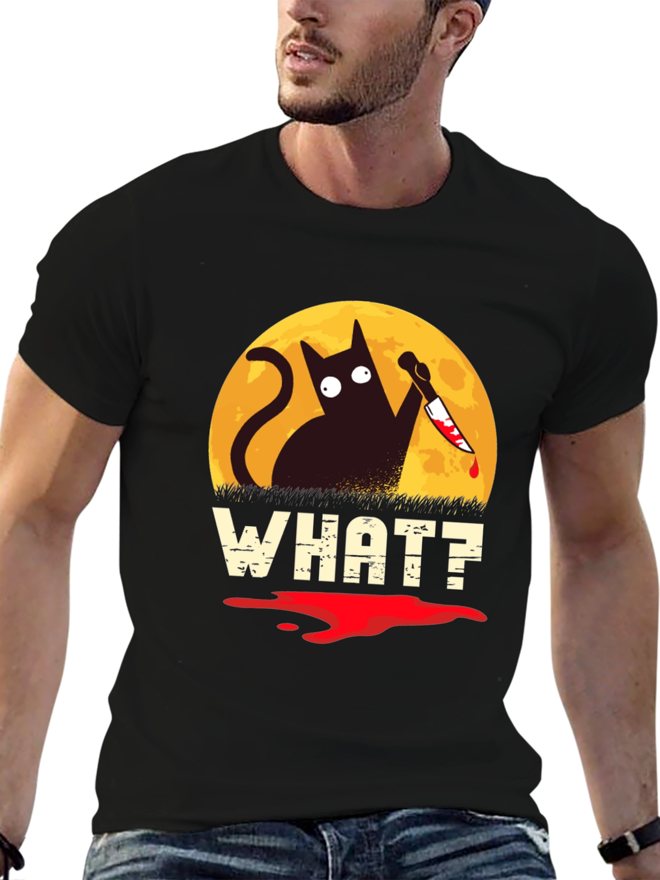 Black Funny Cat What? T-Shirt Halloween Black Cat with Knife Tee view 6