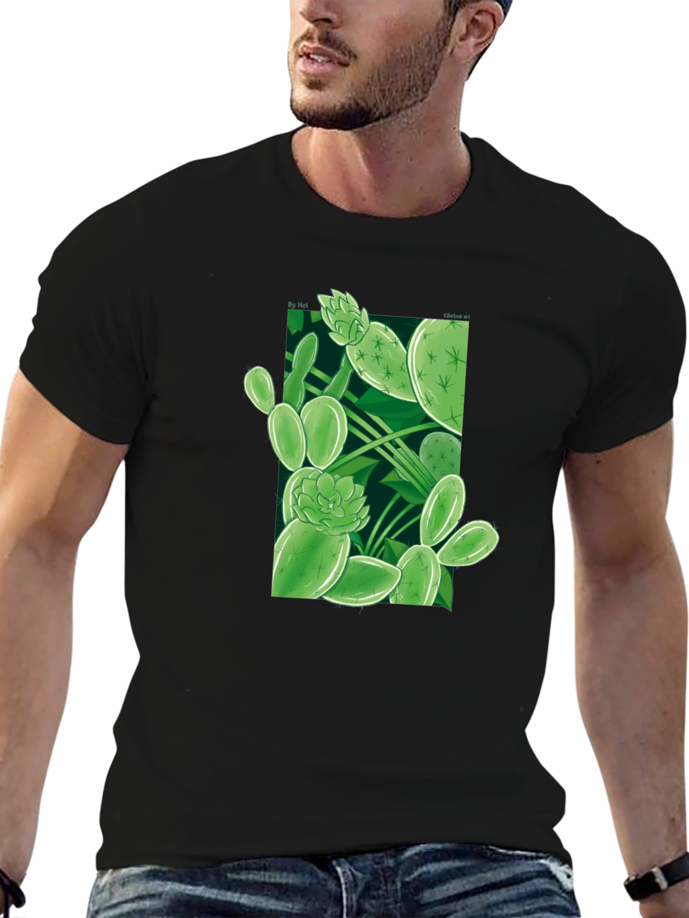Black Stylish Cactus Print Black T-Shirt view 6