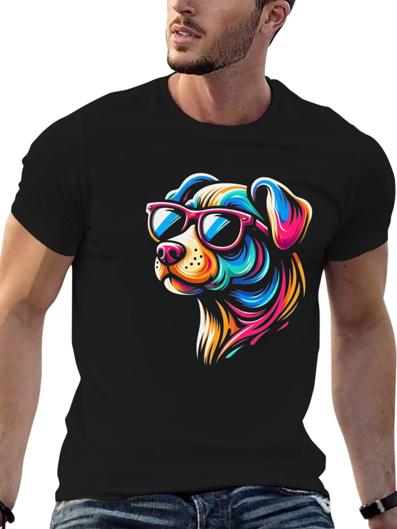 Black Cool Dog Graphic Tee - Black Cotton T-Shirt view 6