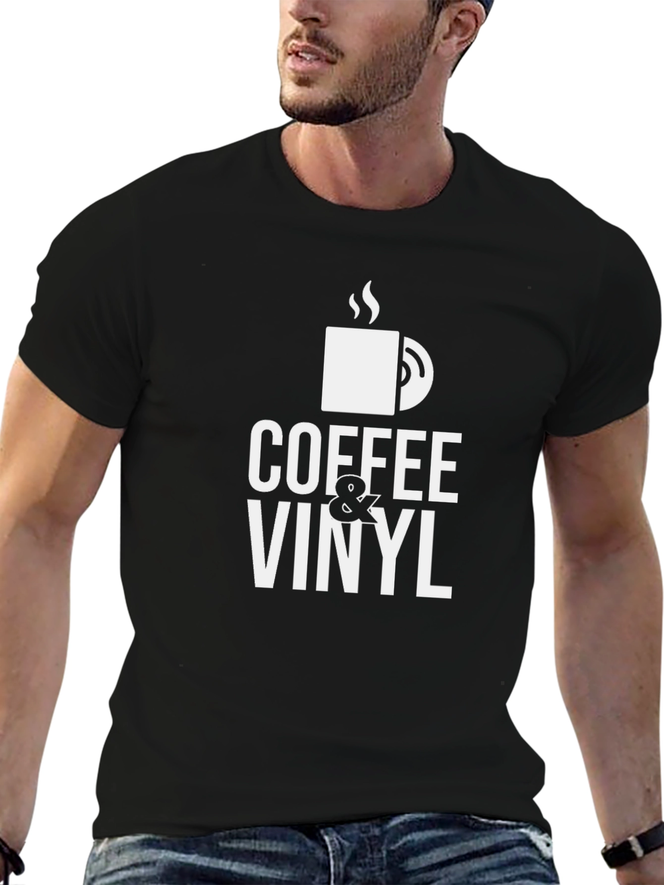 Black Coffee & Vinyl Graphic Tee - Black Cotton Blend view 6