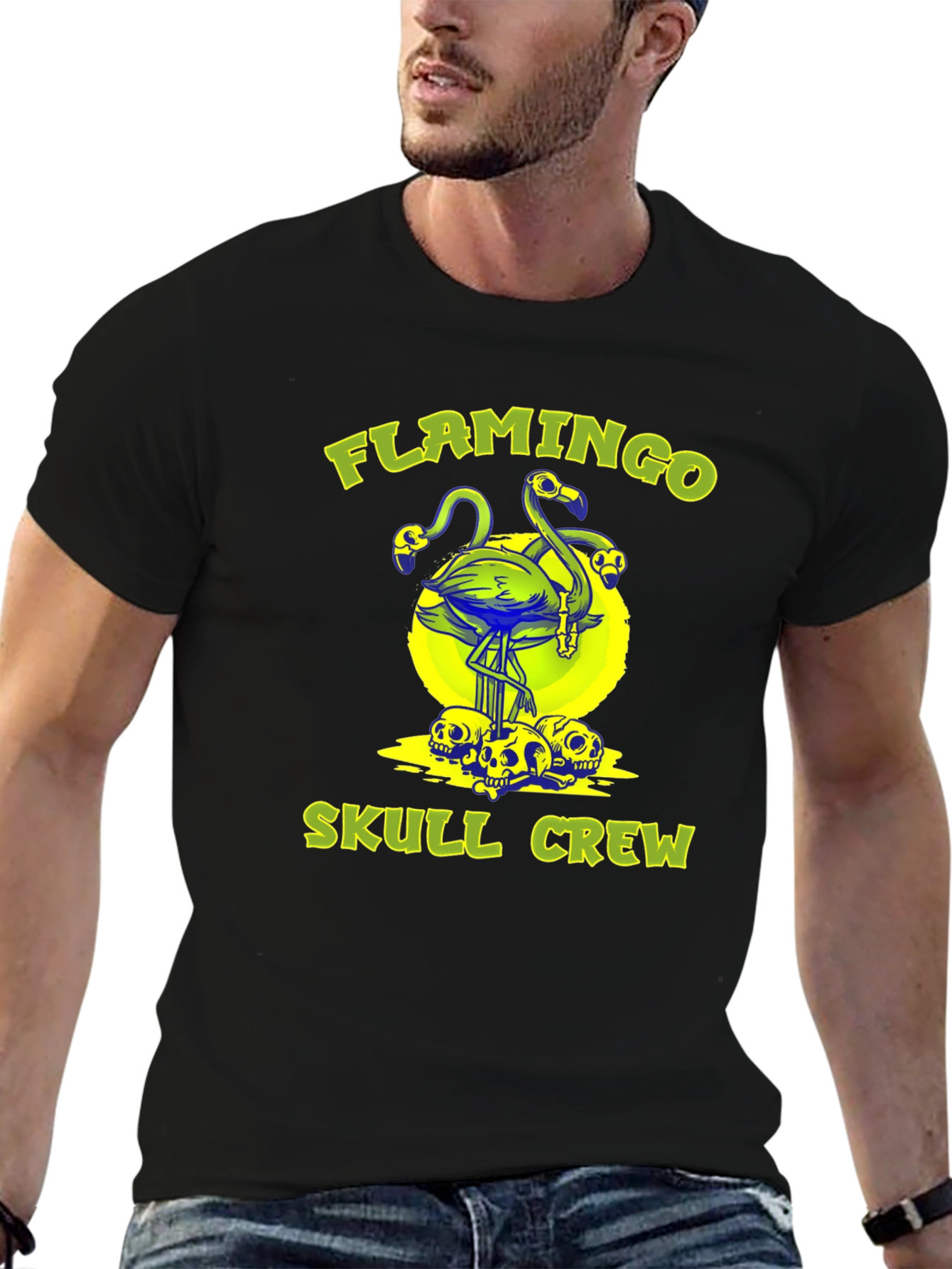 Black Flamingo Skull Crew Graphic Tee - Unique Design view 6