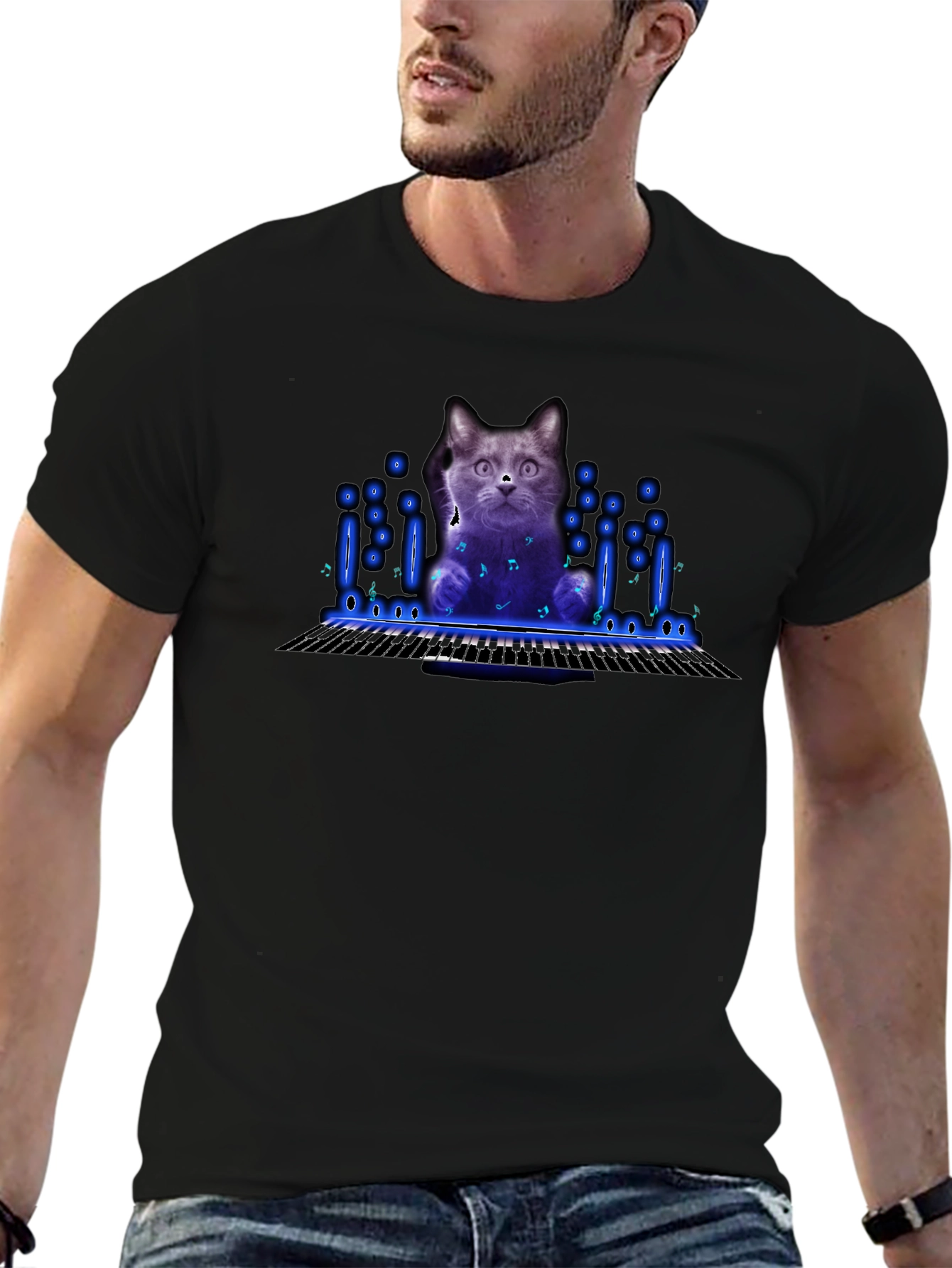 Black Cat Playing Piano Graphic T-Shirt view 6