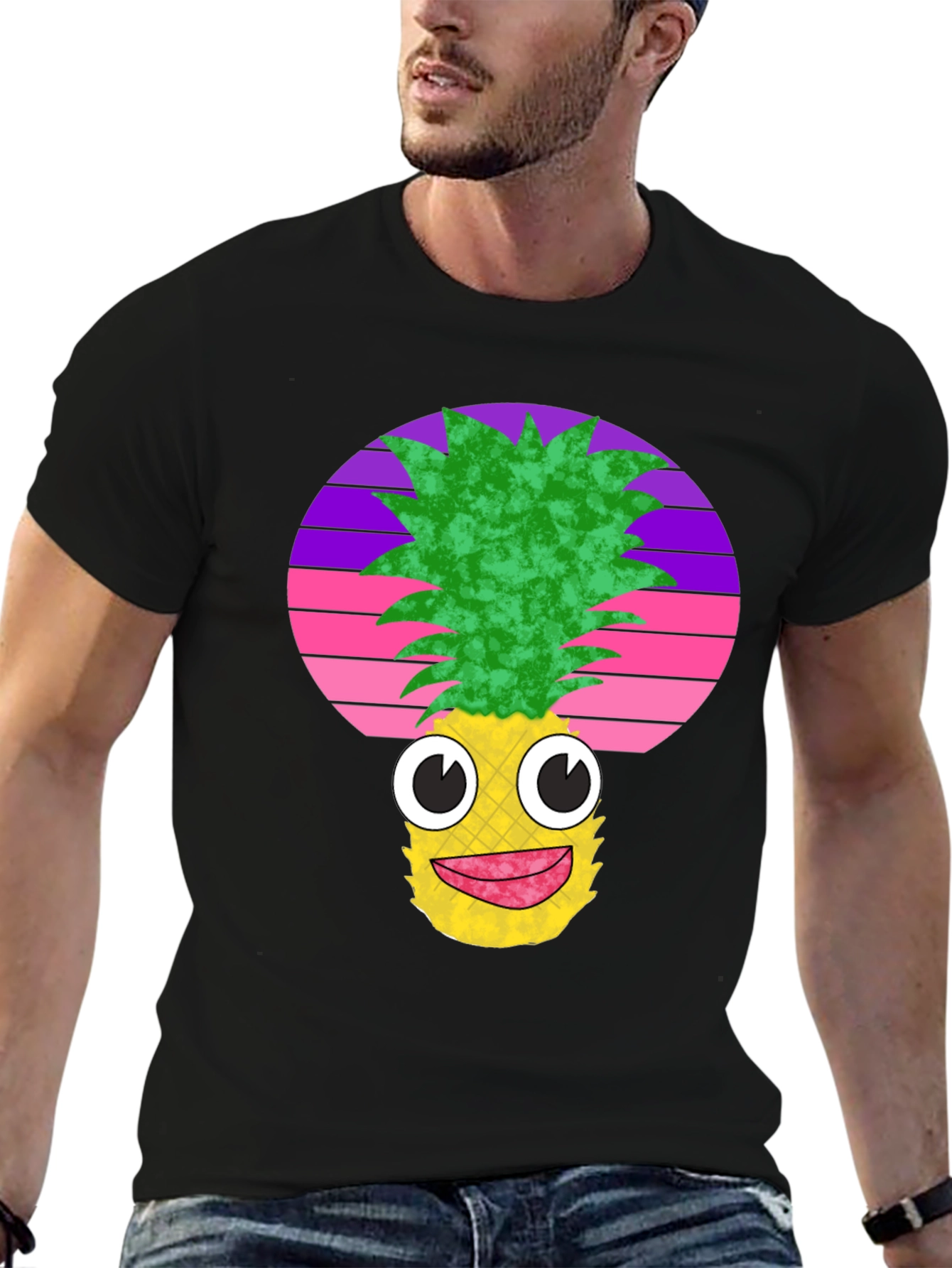 Black Funny Pineapple Face Black T-Shirt view 6