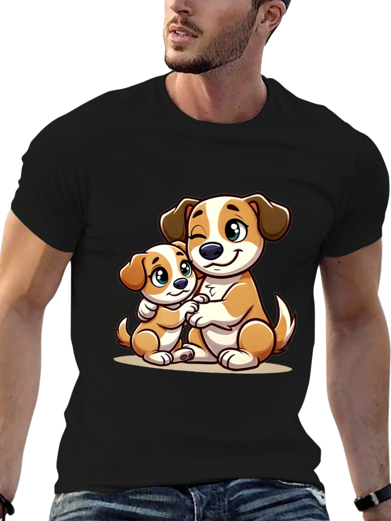 Black Cute Dog Hug T-Shirt - Black view 6