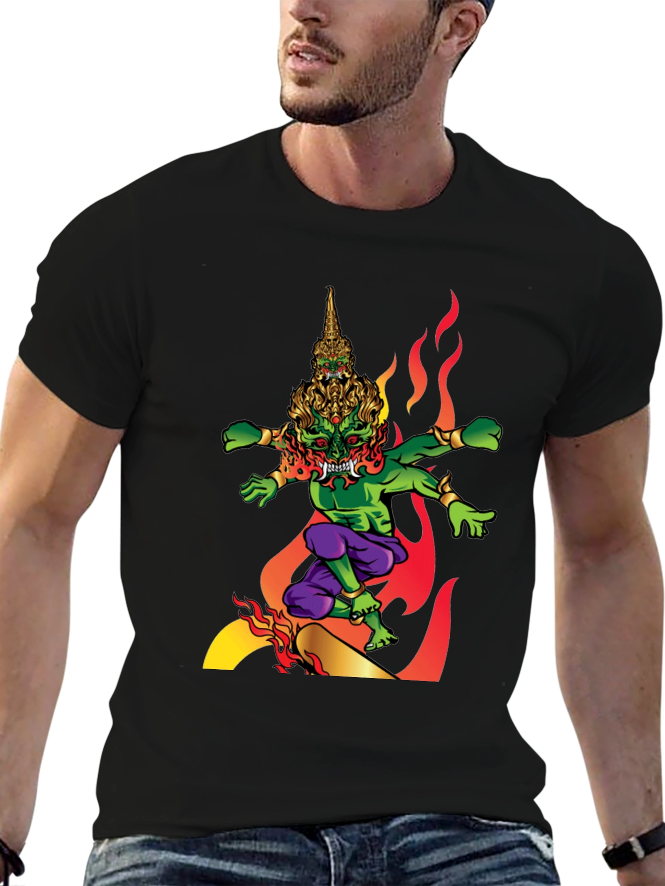 Black Men's Graphic Tee: Fiery Thai Demon Design view 6