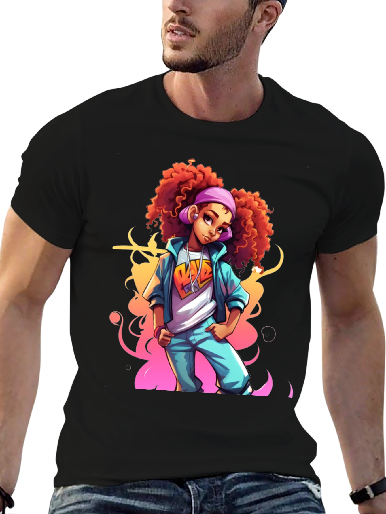 Black Cartoon Girl Graphic Black T-Shirt view 6