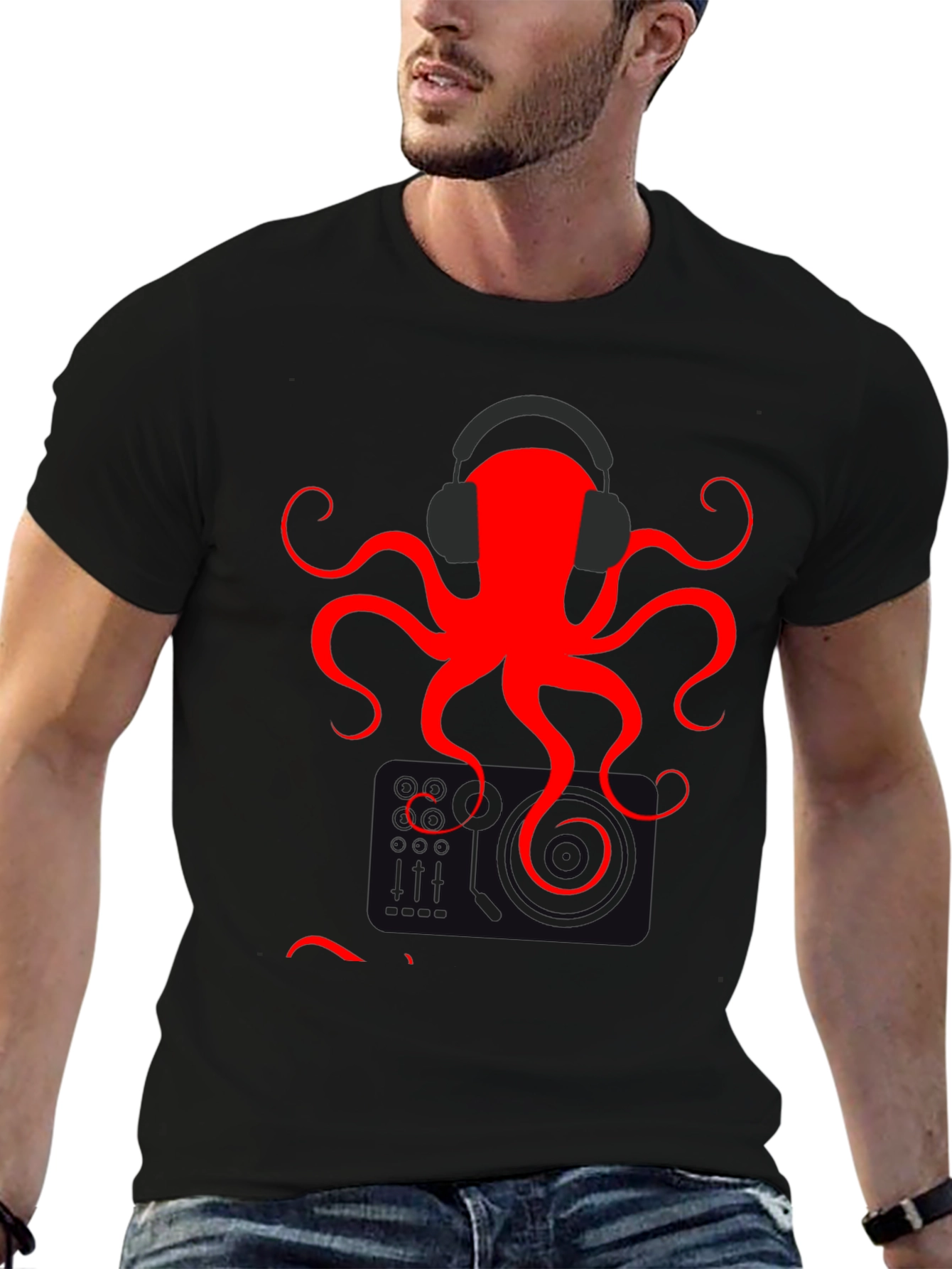 Black Red Octopus Headphones Graphic T-Shirt view 6
