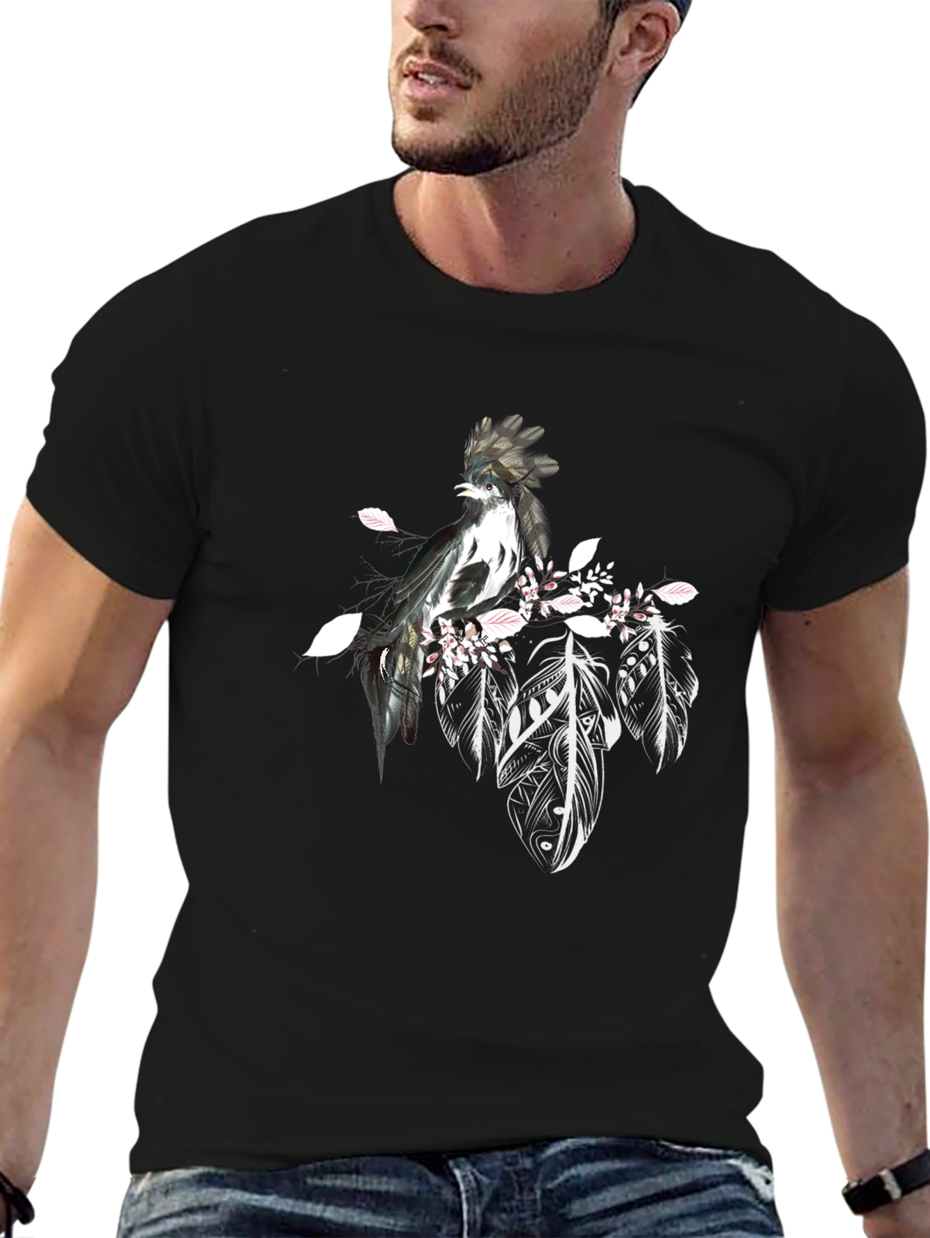 Black Black T-Shirt with Bird and Feathers Design view 6