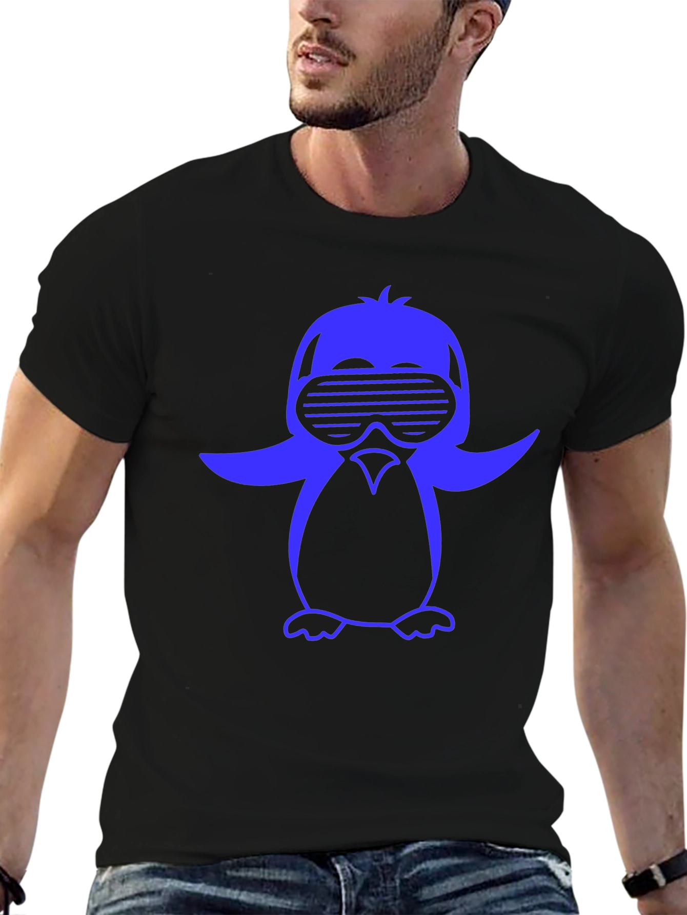 Black Cool Penguin Graphic Tee - Black Cotton Blend Shirt view 6