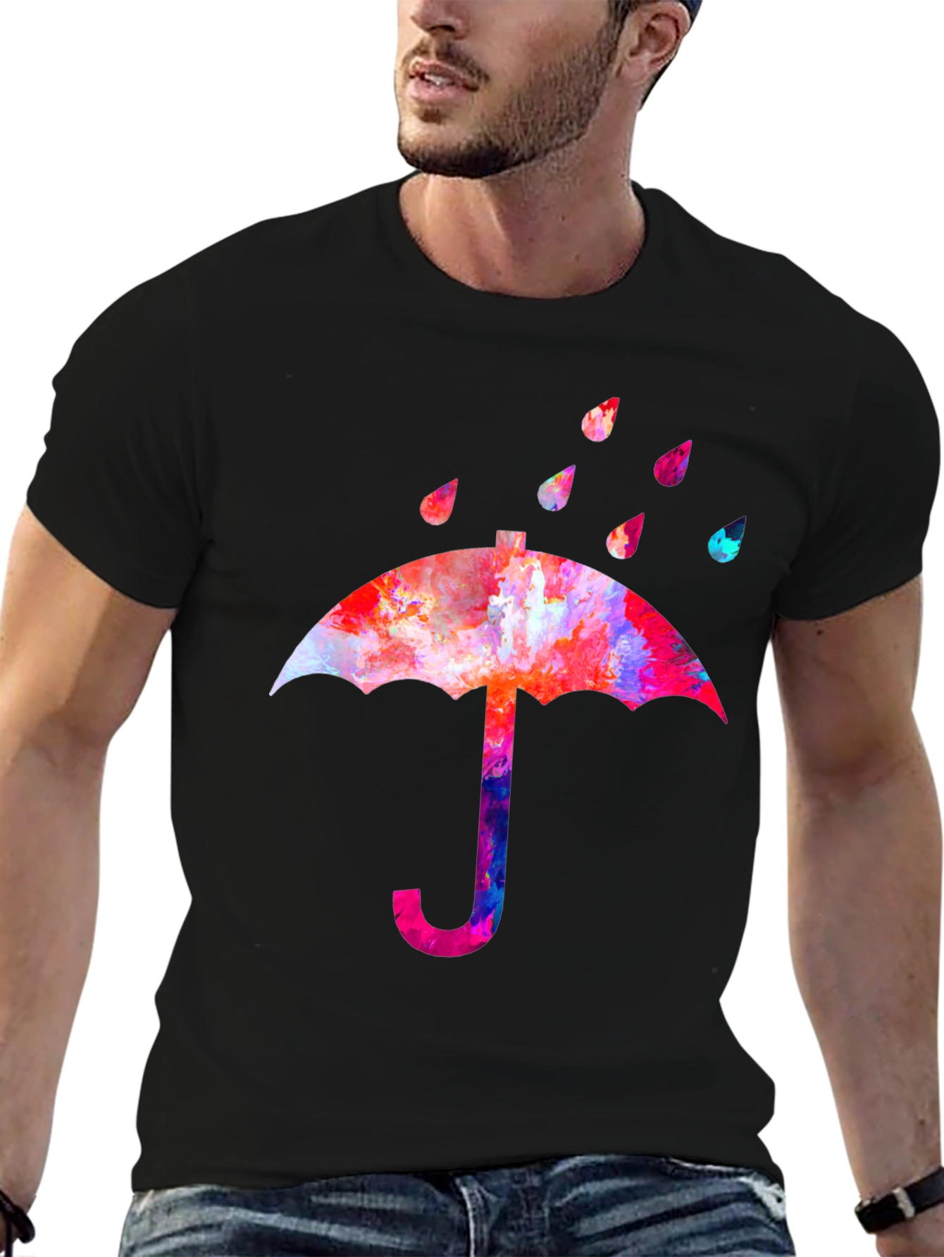 Black Colorful Umbrella Graphic T-Shirt view 6