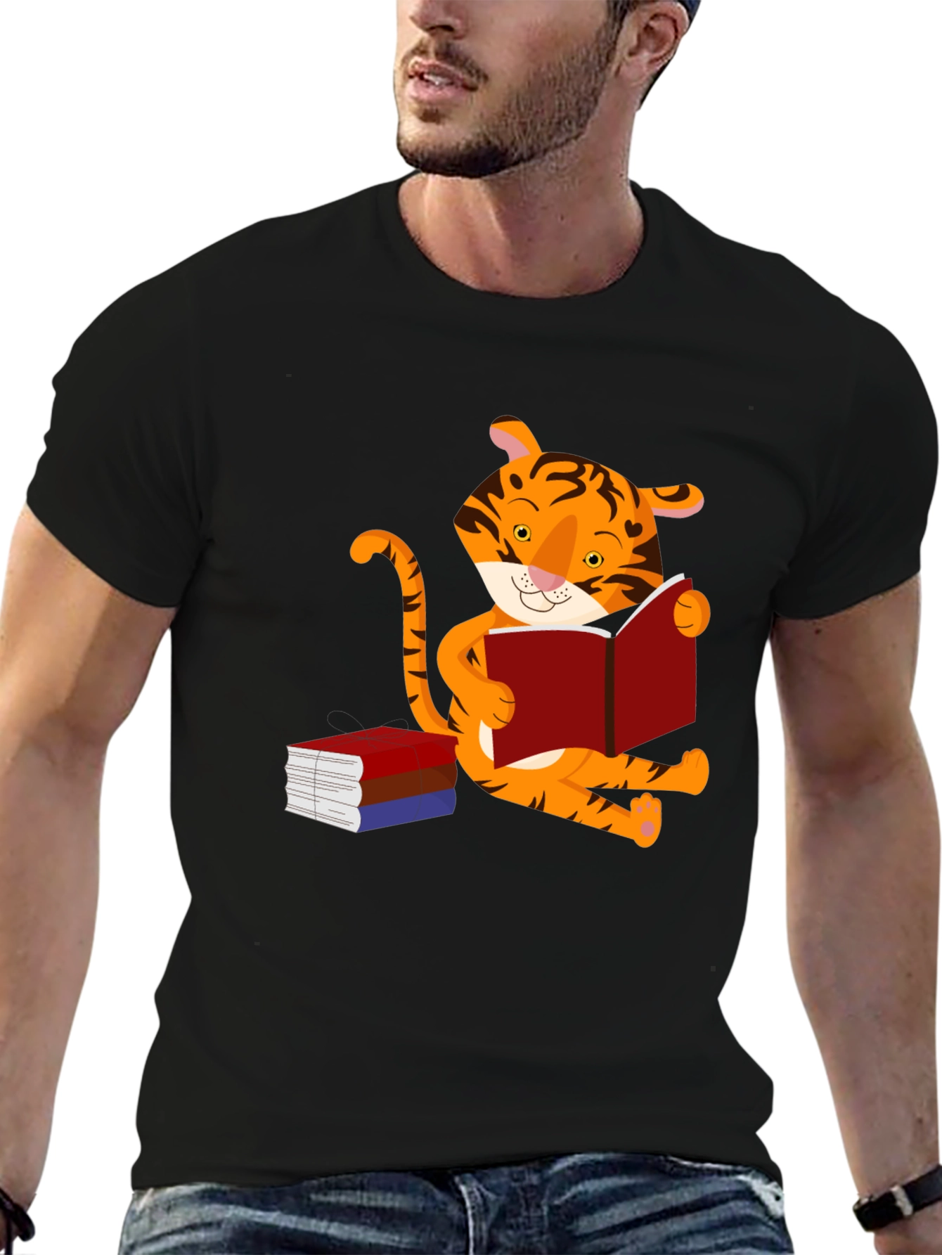 Black Cute Tiger Reading Book Graphic T-Shirt view 6