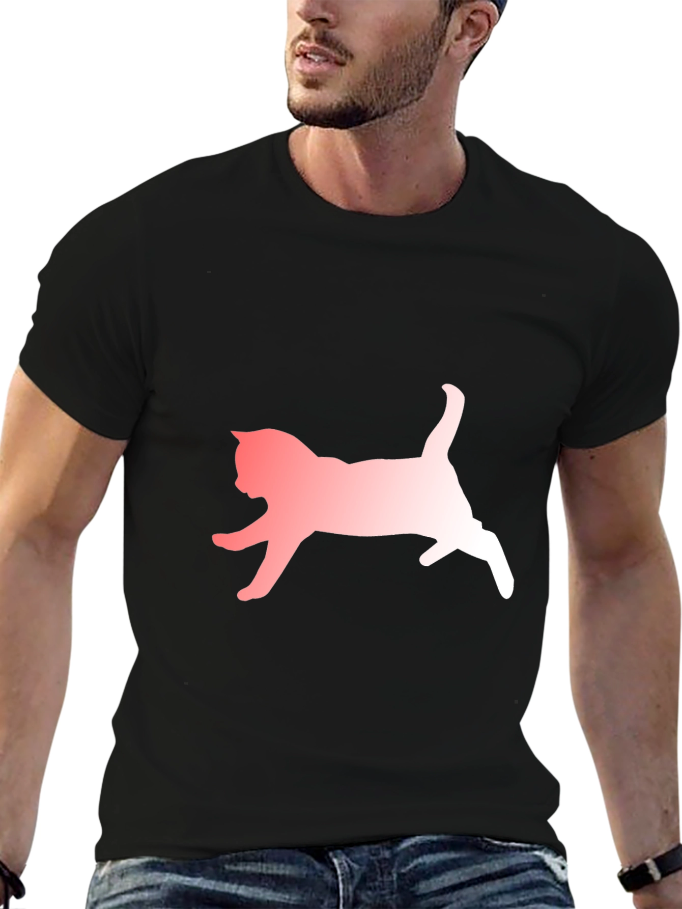 Black Cat Silhouette Graphic Tee - Black Cotton Blend Casual T-Shirt view 6