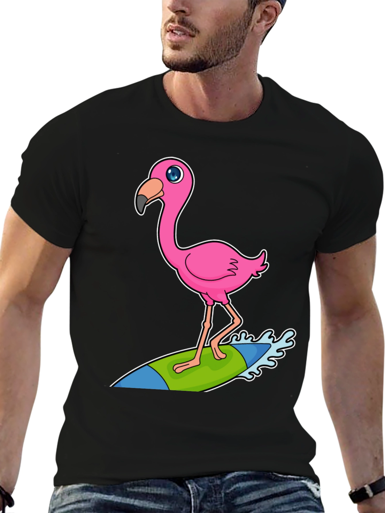Black Surfing Flamingo Graphic Tee - Black Cotton T-Shirt view 6