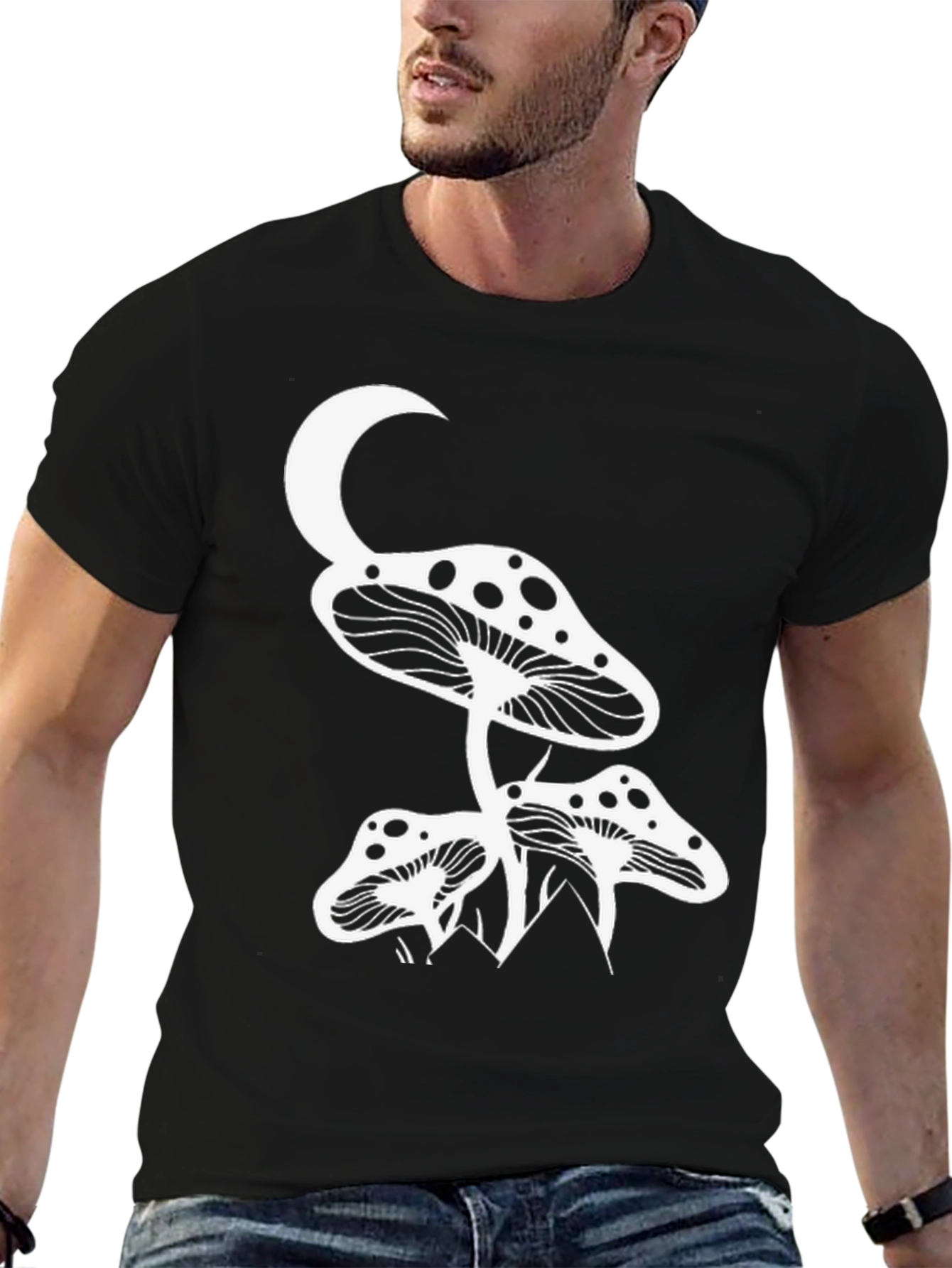 Black Mushroom Moon Graphic Tee - Black Cotton T-Shirt view 6