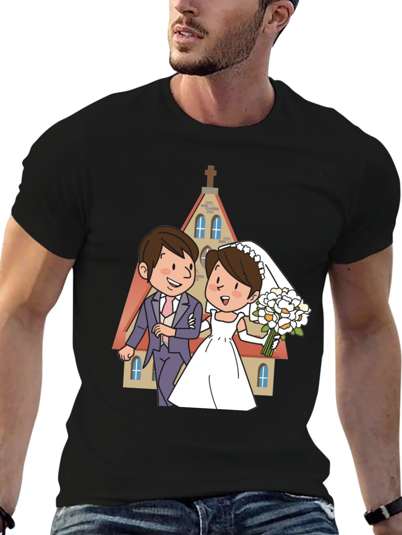 Wedding Cartoon Graphic Tee - Black - 6