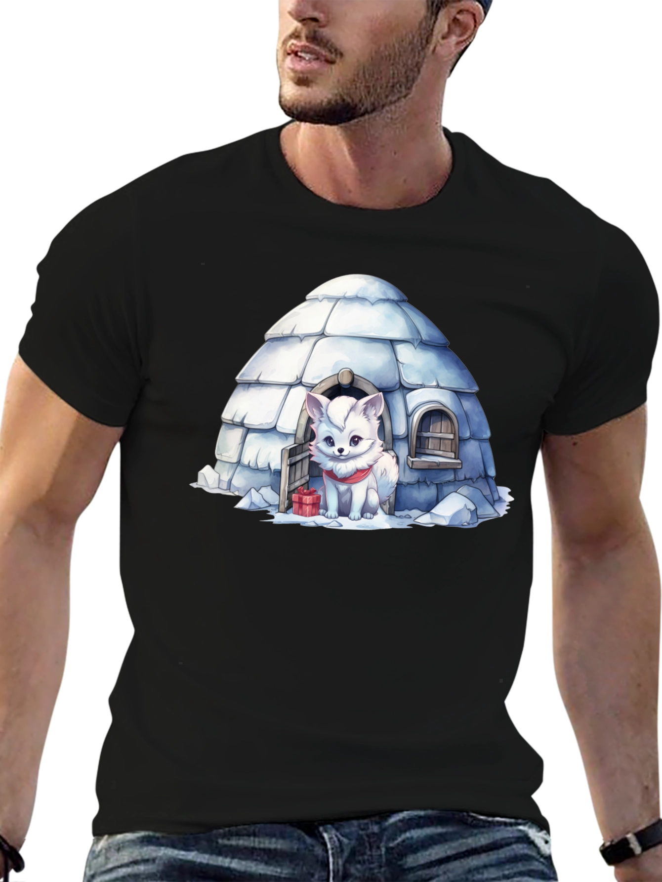 Black Cute Arctic Fox in Igloo Graphic Tee view 6