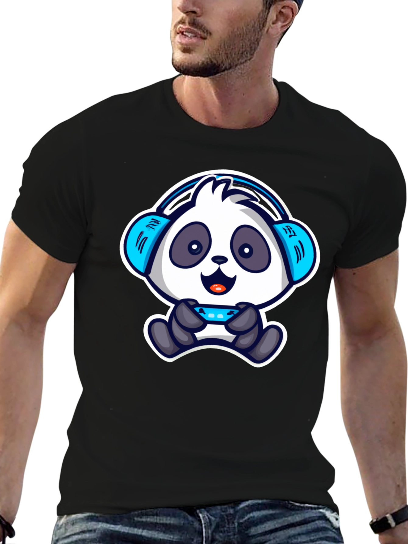 Black Gamer Panda T-Shirt - Cool Cartoon Design view 6