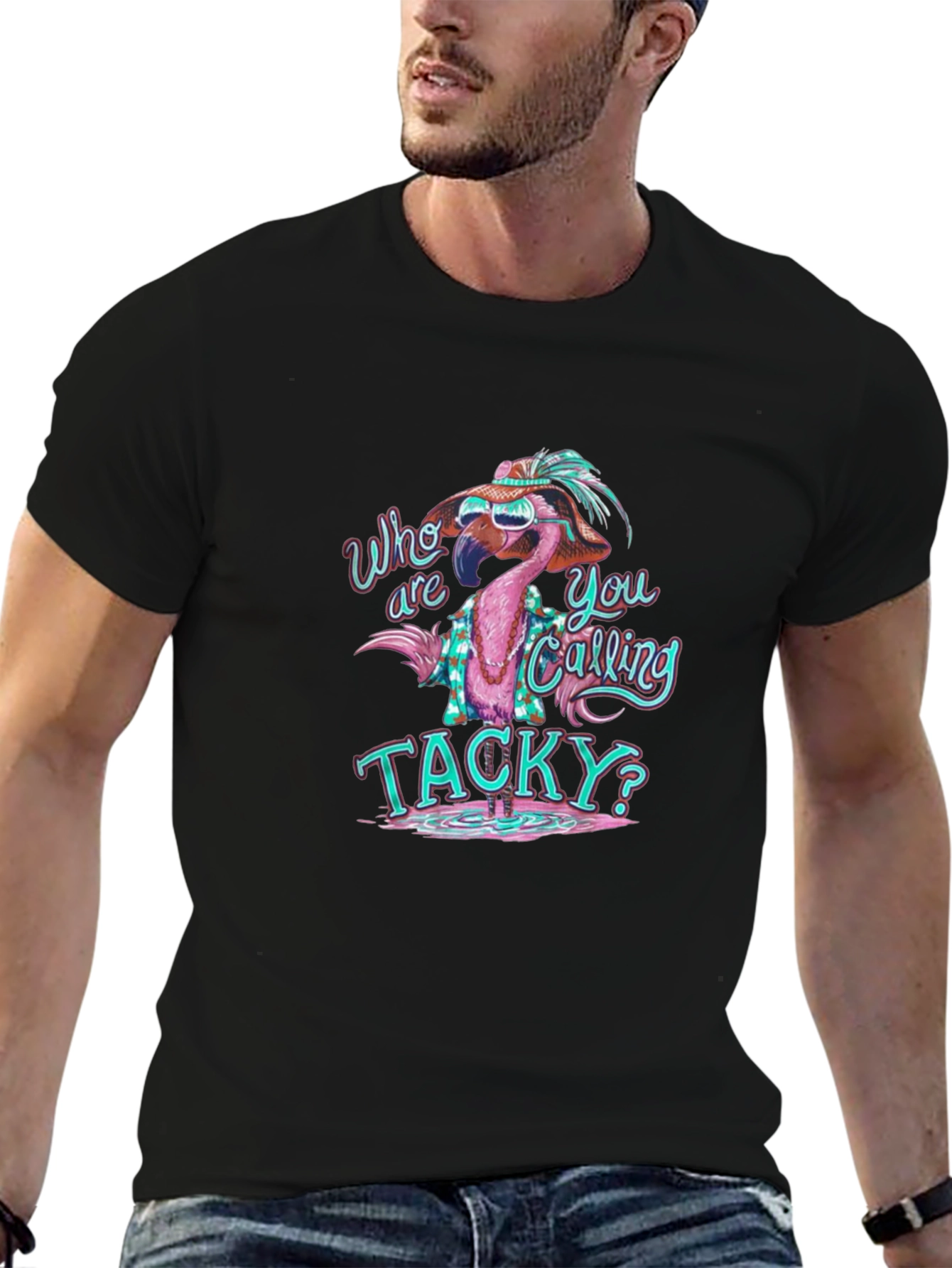 Black Funny Flamingo Tacky Graphic T-Shirt view 6