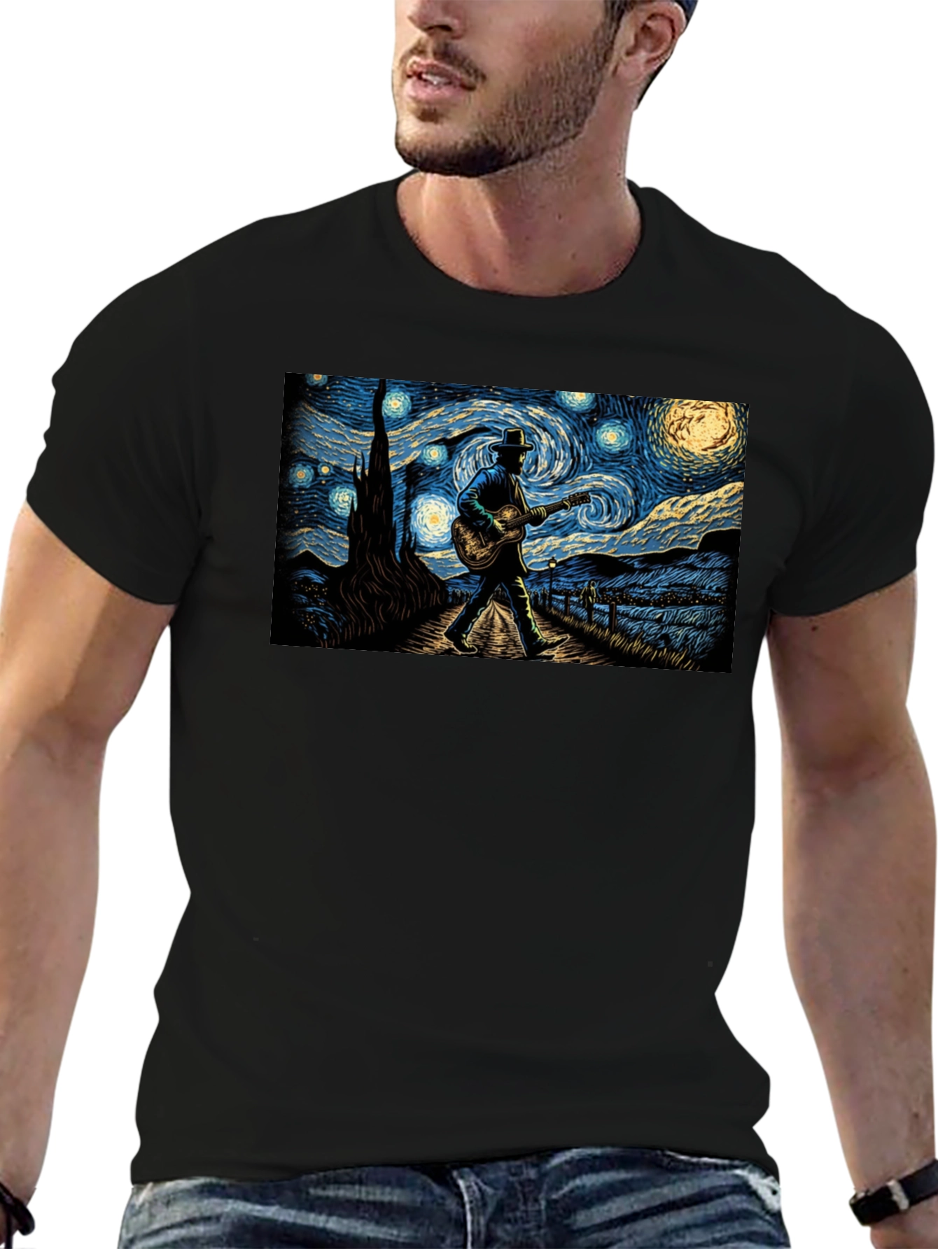 Black Starry Night Guitar Player Graphic Tee view 6