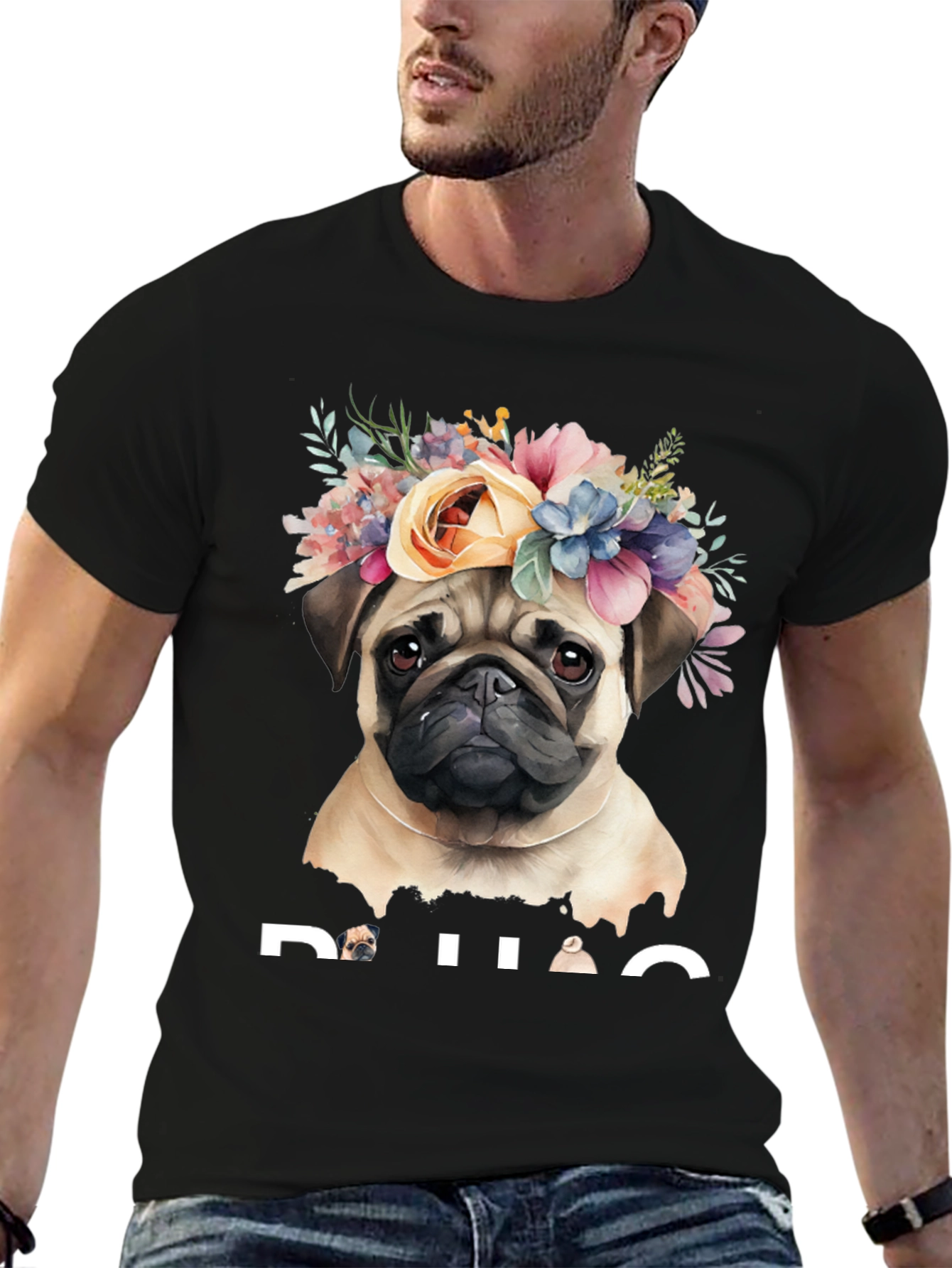 Black Pug Floral Crown Graphic Tee - Black Cotton T-Shirt view 6