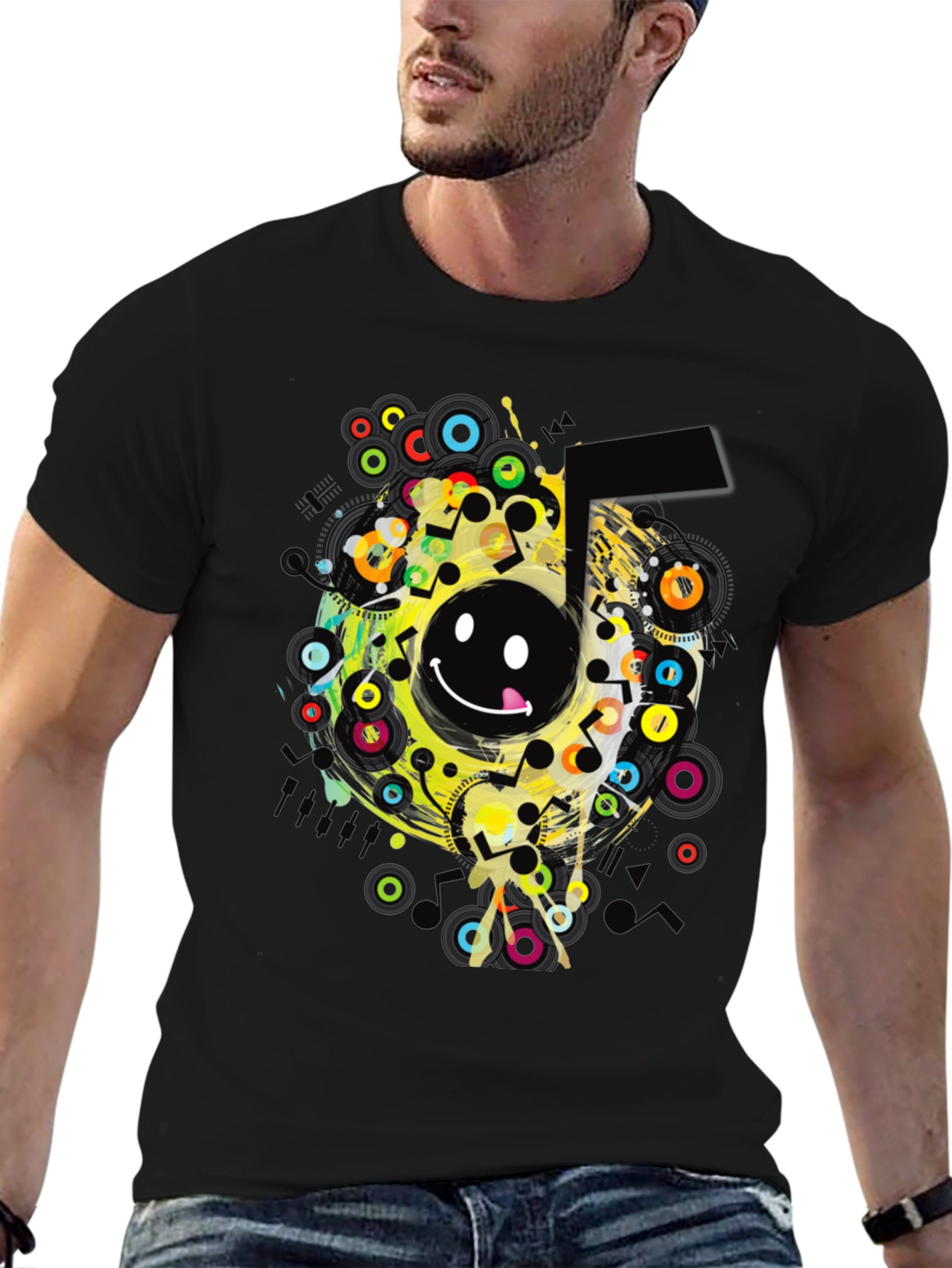 Black Smiley Face Graphic Print Black T-Shirt view 6