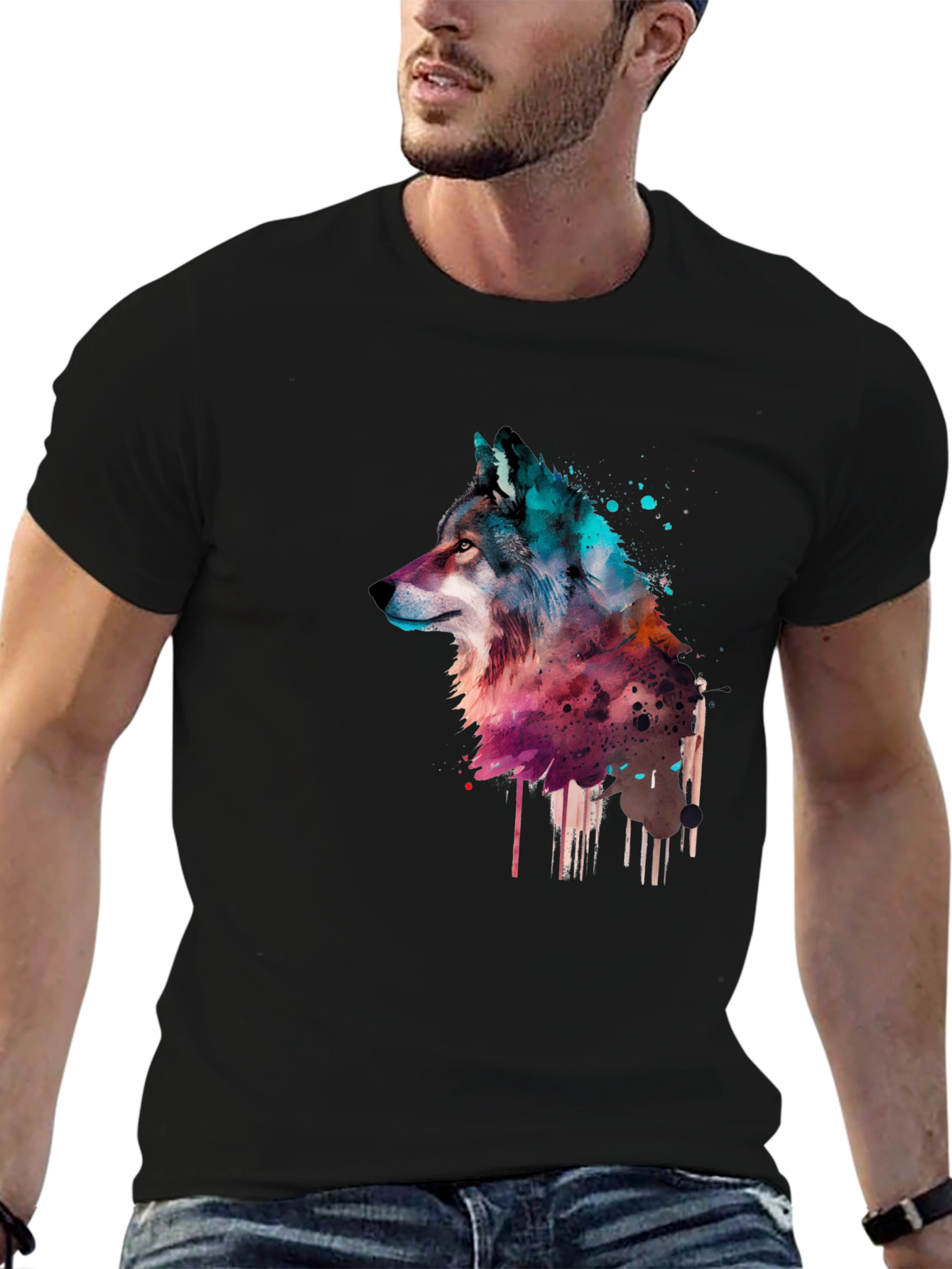 Black Watercolor Wolf Graphic Black T-Shirt view 6